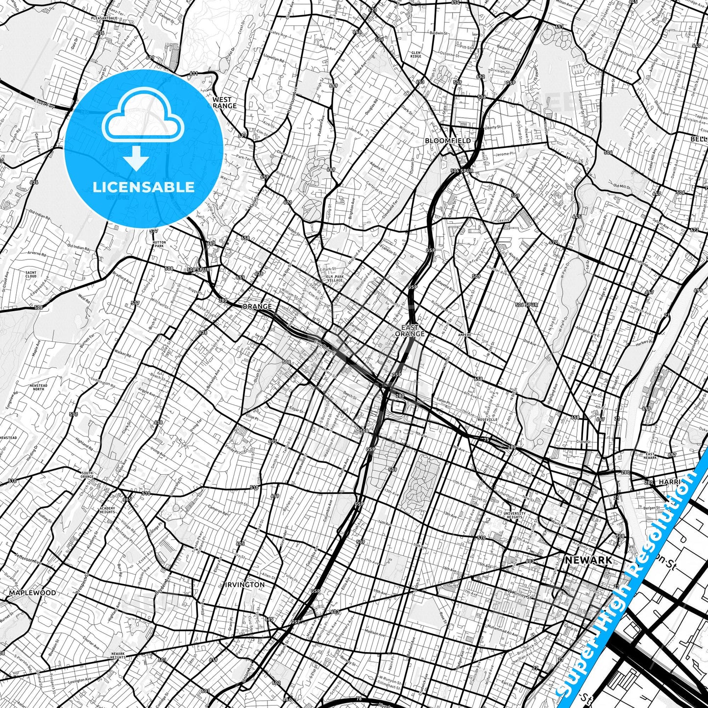 East Orange, New Jersey Light Map with Street Names, City Names, and Districts