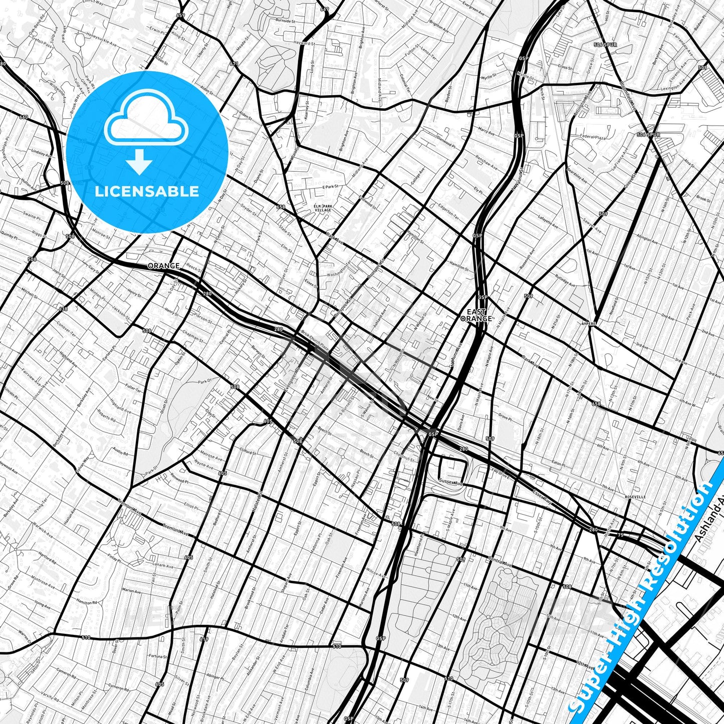 East Orange, New Jersey Light Map with Street Names, City Names, and Districts