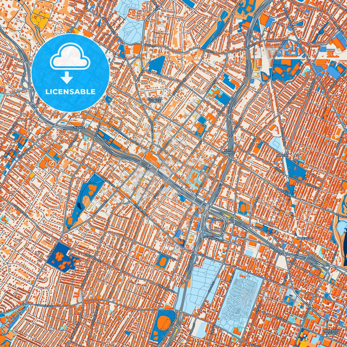 Colorful East Orange Street Map with Labels and Buildings