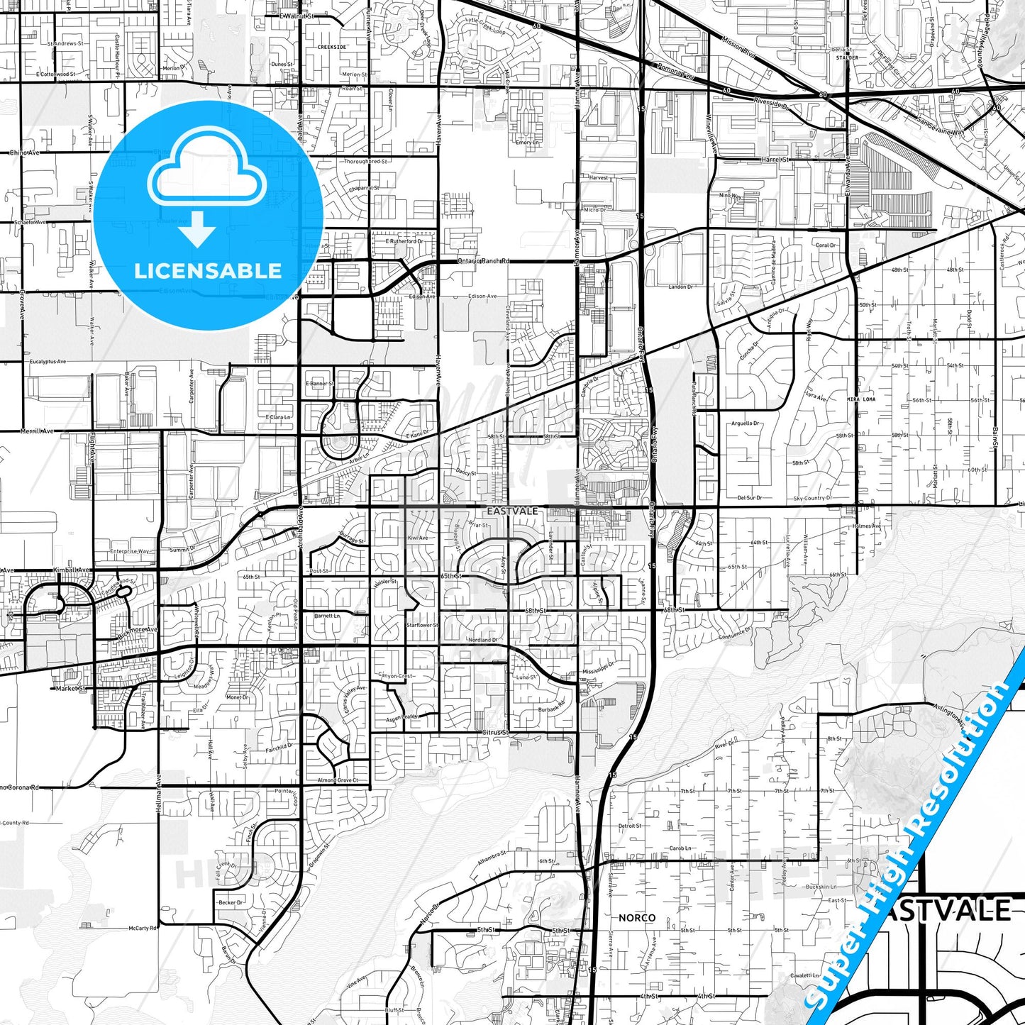 Eastvale, California Light Map with Street Names, City Names, and Districts
