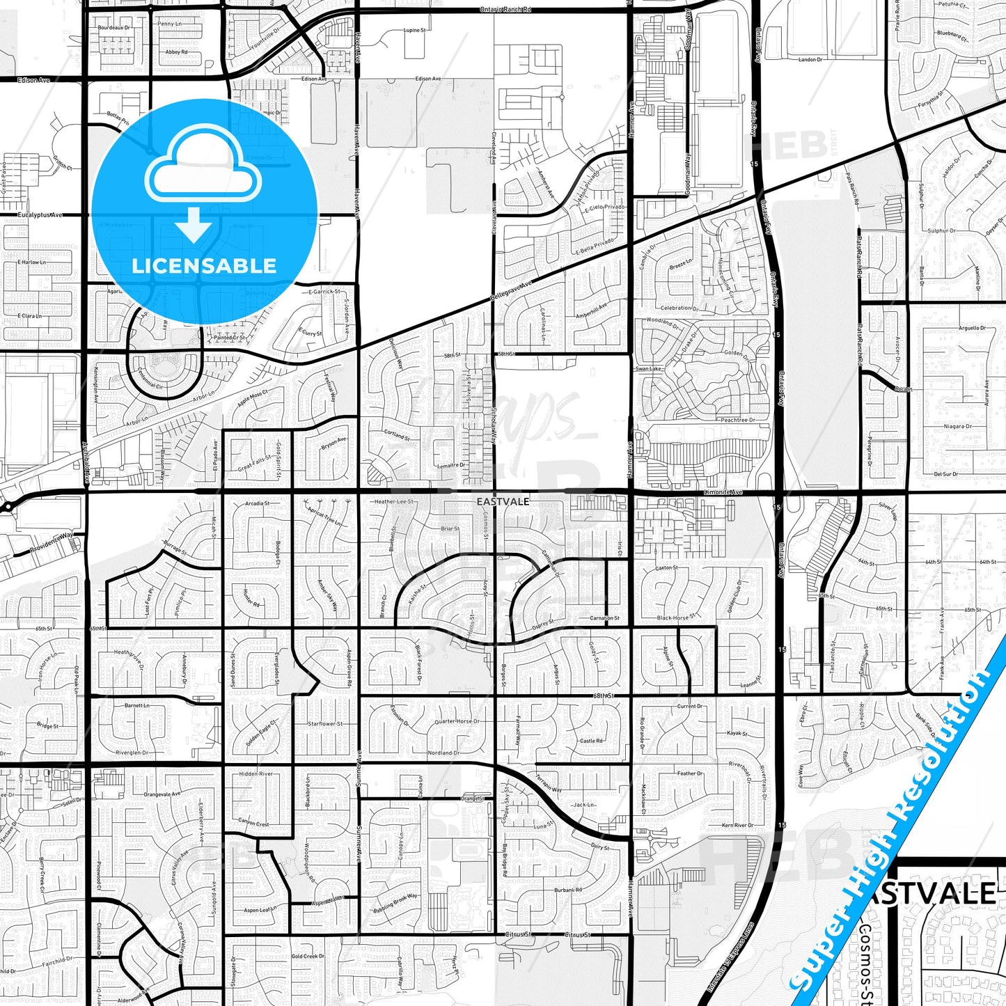 Eastvale, California Light Map with Street Names, City Names, and Districts