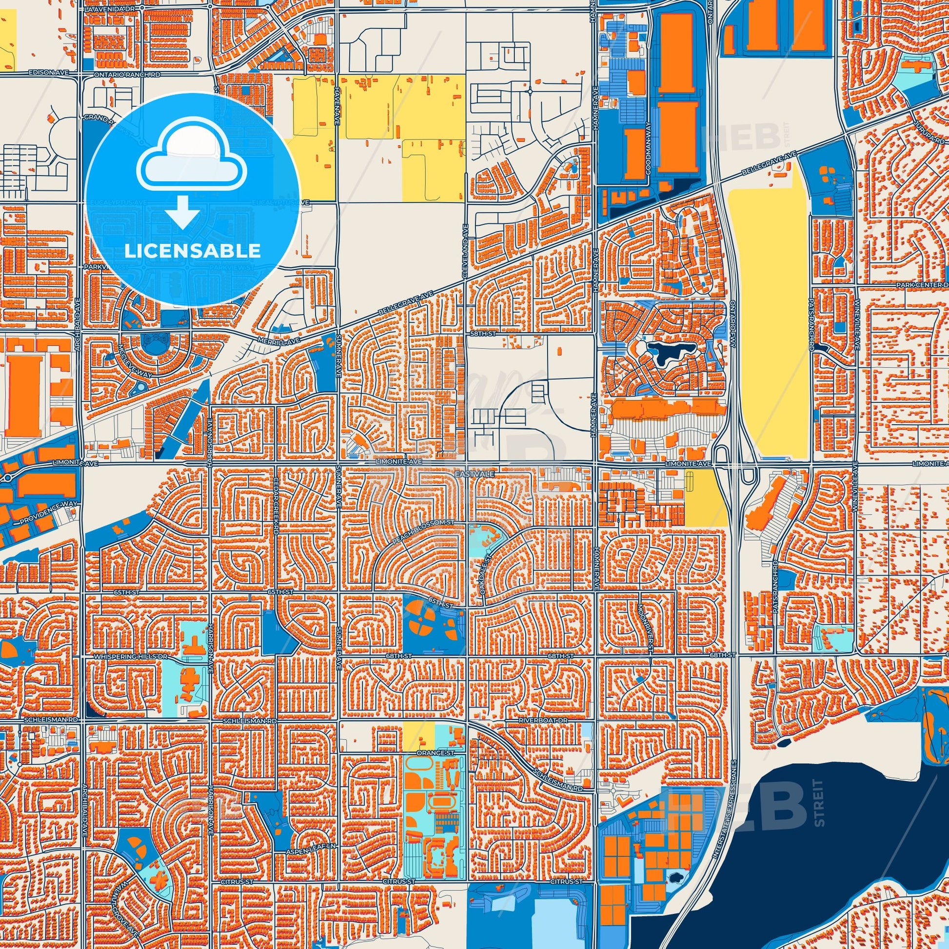 Colorful Eastvale Street Map with Labels and Buildings