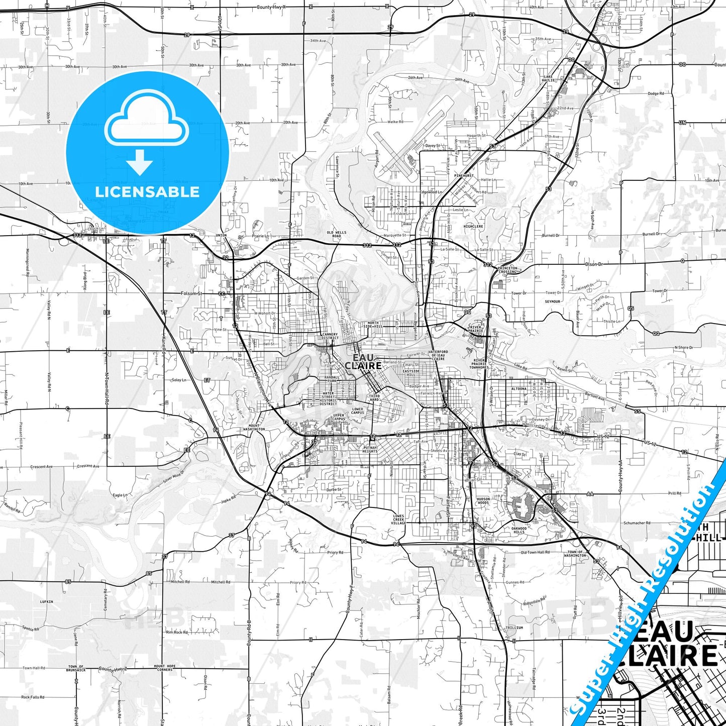 Eau Claire, Wisconsin light map with streetnames, citynames and districts