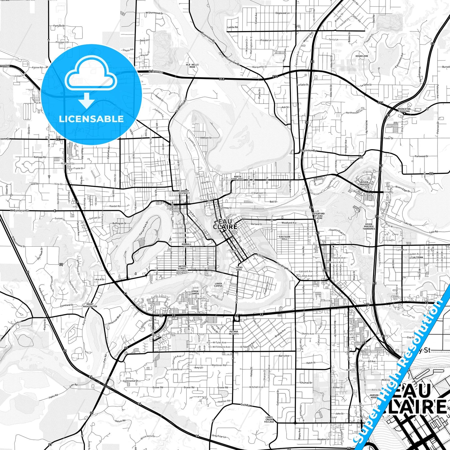 Eau Claire, Wisconsin Light Map with Street Names, City Names, and Districts
