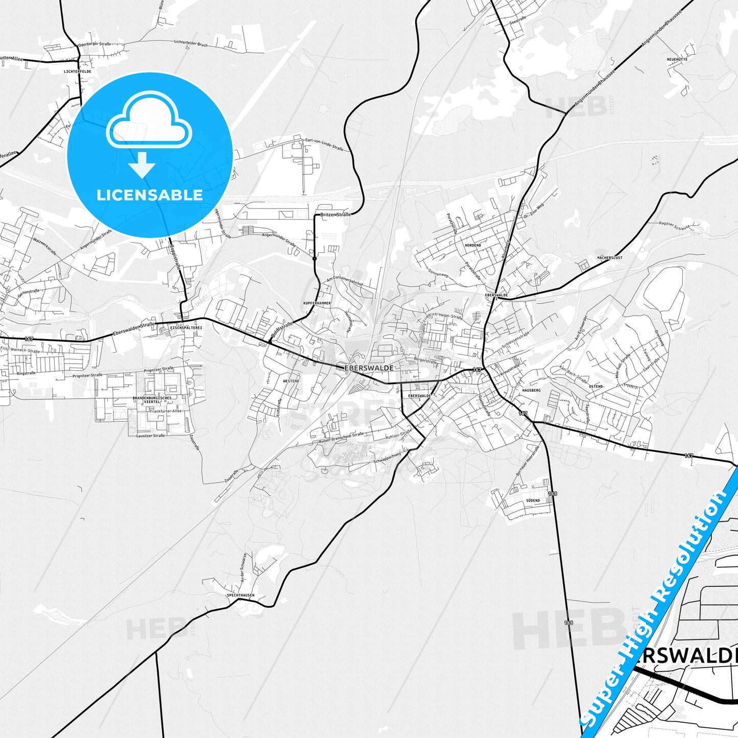 Eberswalde, Germany Light Map with Street Names, City Names, and Districts