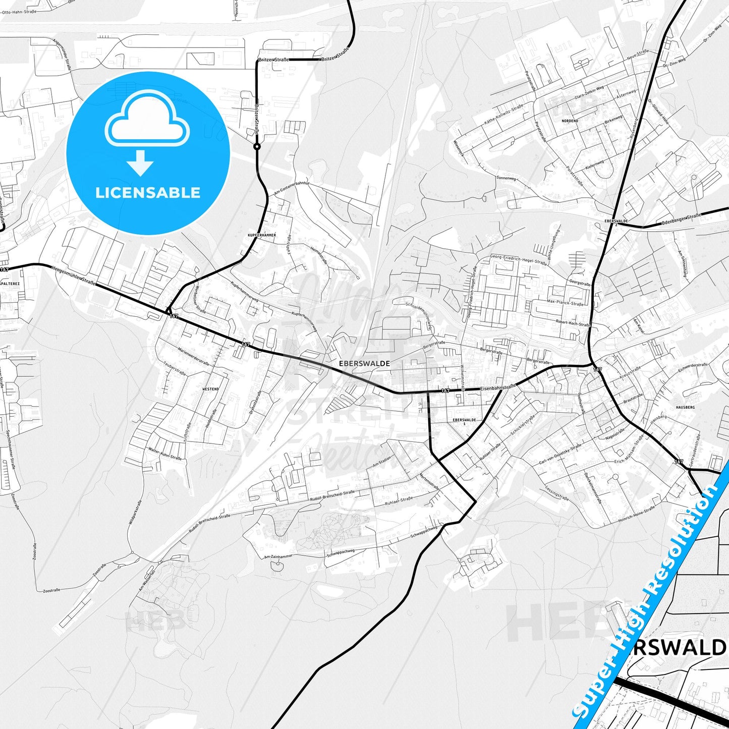 Eberswalde, Germany Light Map with Street Names, City Names, and Districts