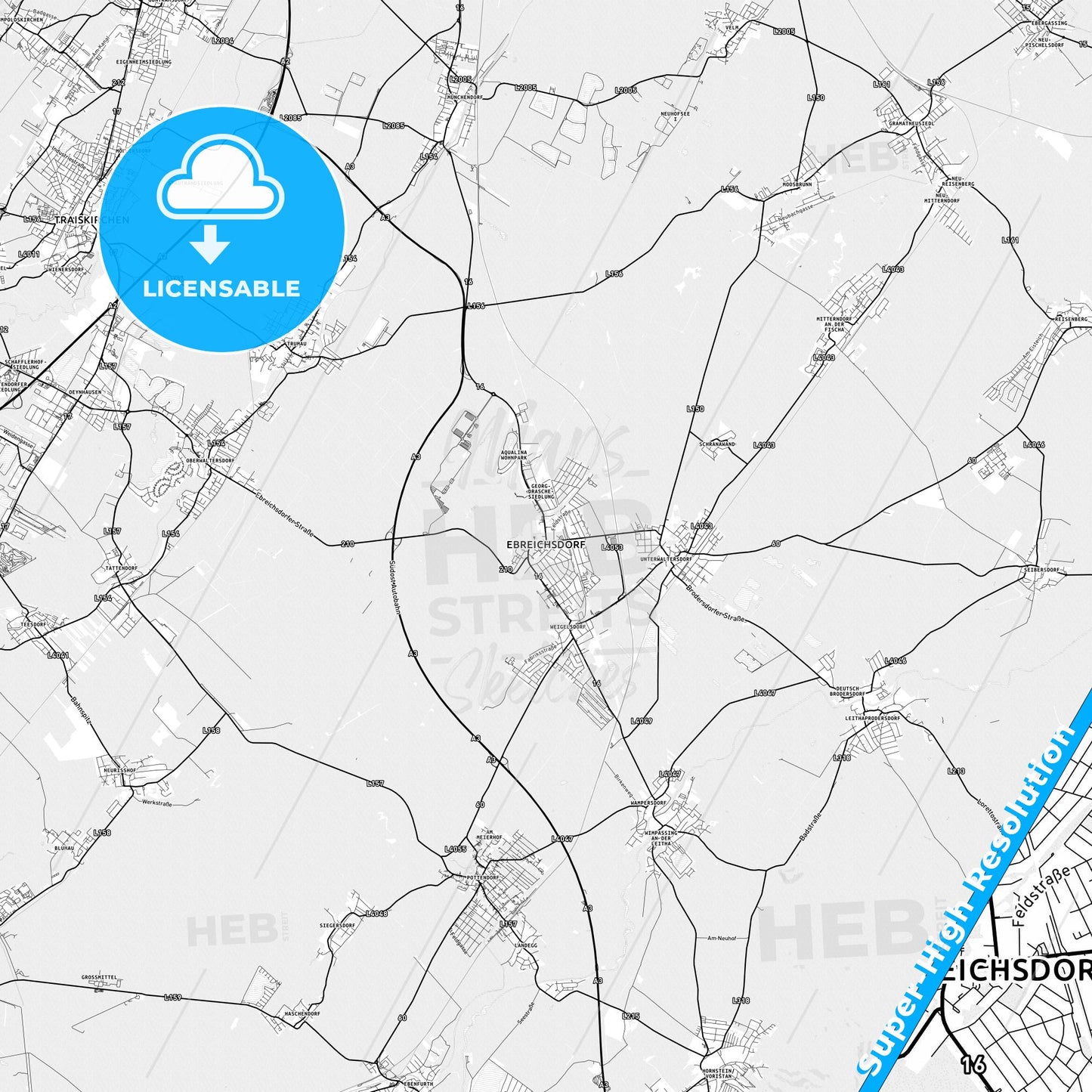 Ebreichsdorf, Austria light map with streetnames, citynames and districts
