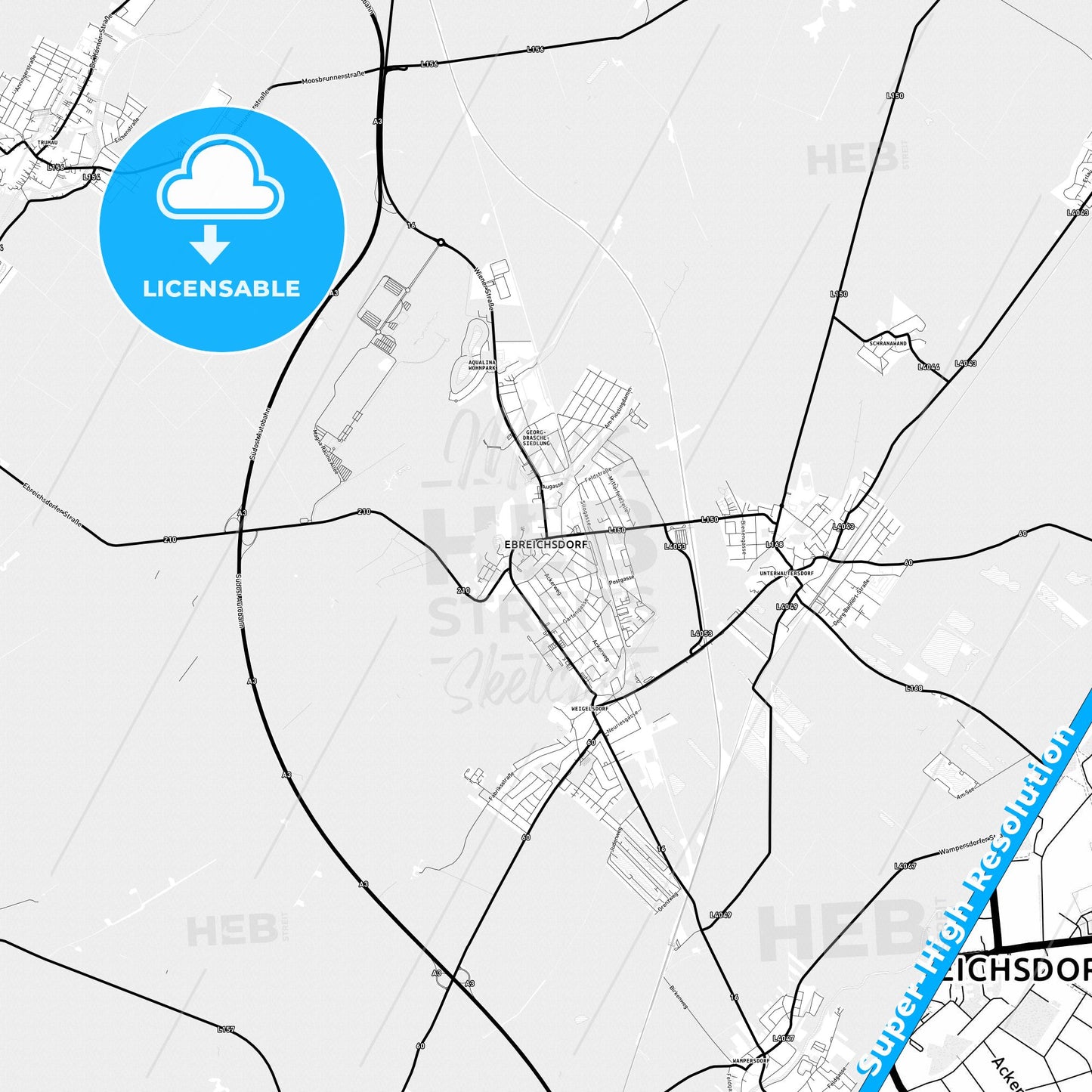 Ebreichsdorf, Austria Light Map with Street Names, City Names, and Districts