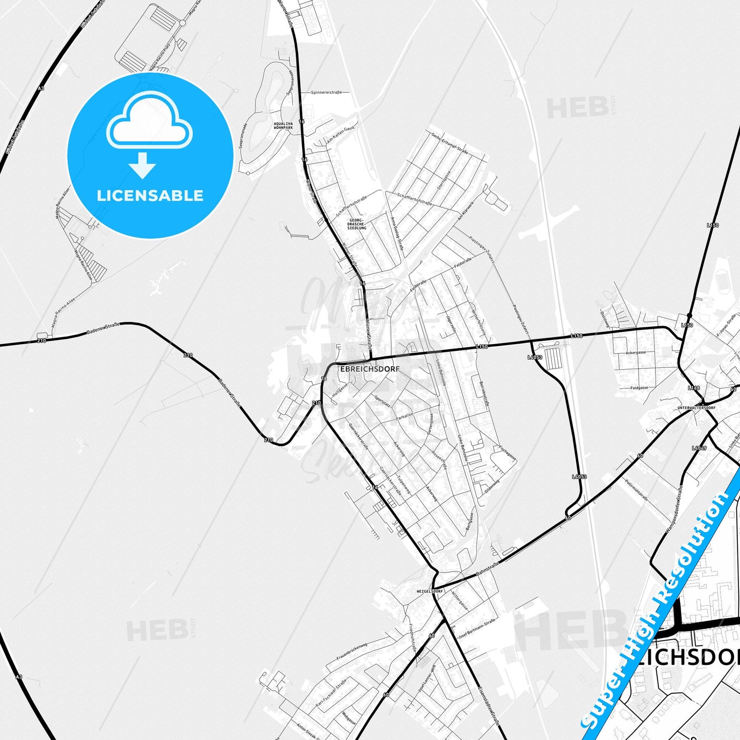 Ebreichsdorf, Austria Light Map with Street Names, City Names, and Districts
