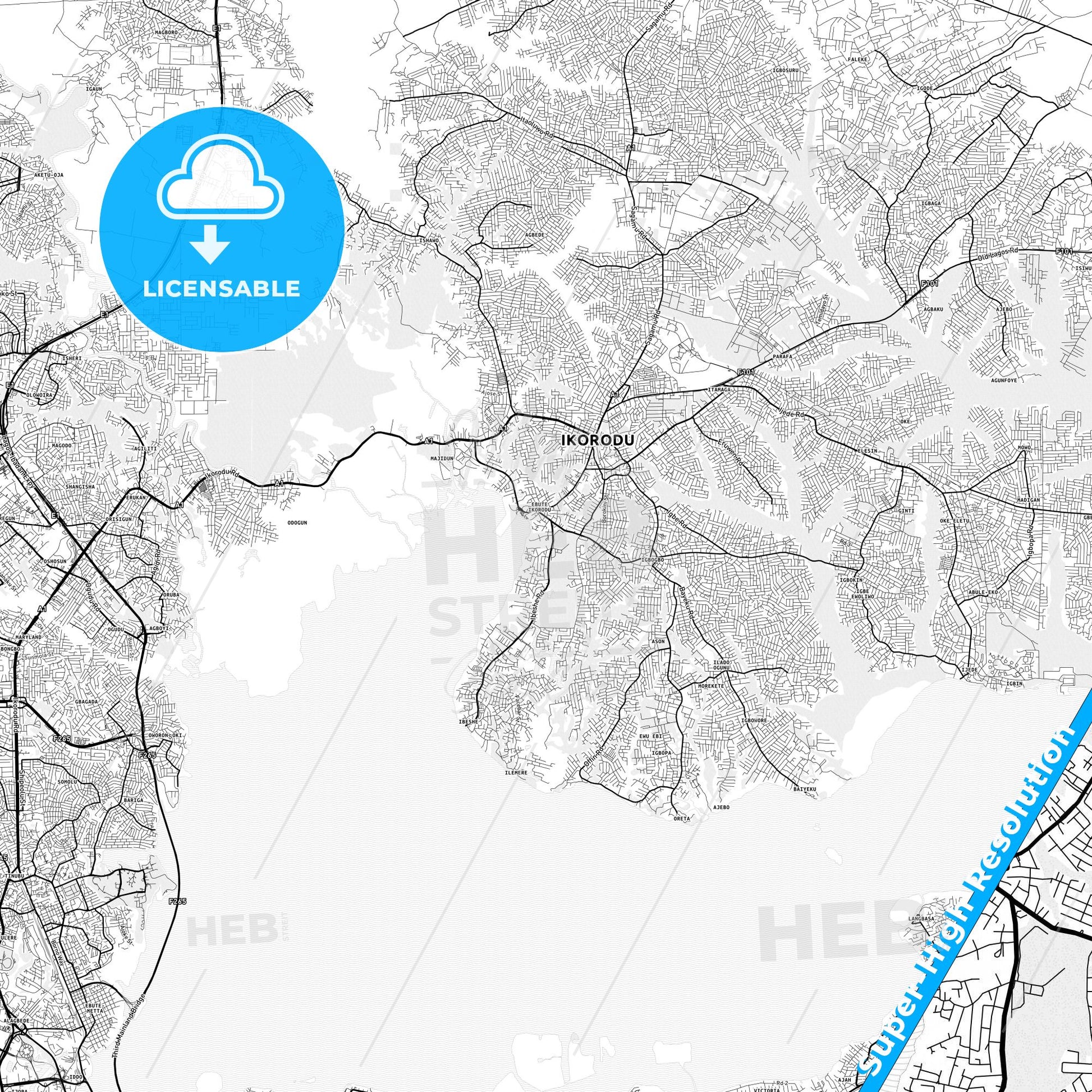 Ebute Ikorodu, Nigeria light map with streetnames, citynames and districts