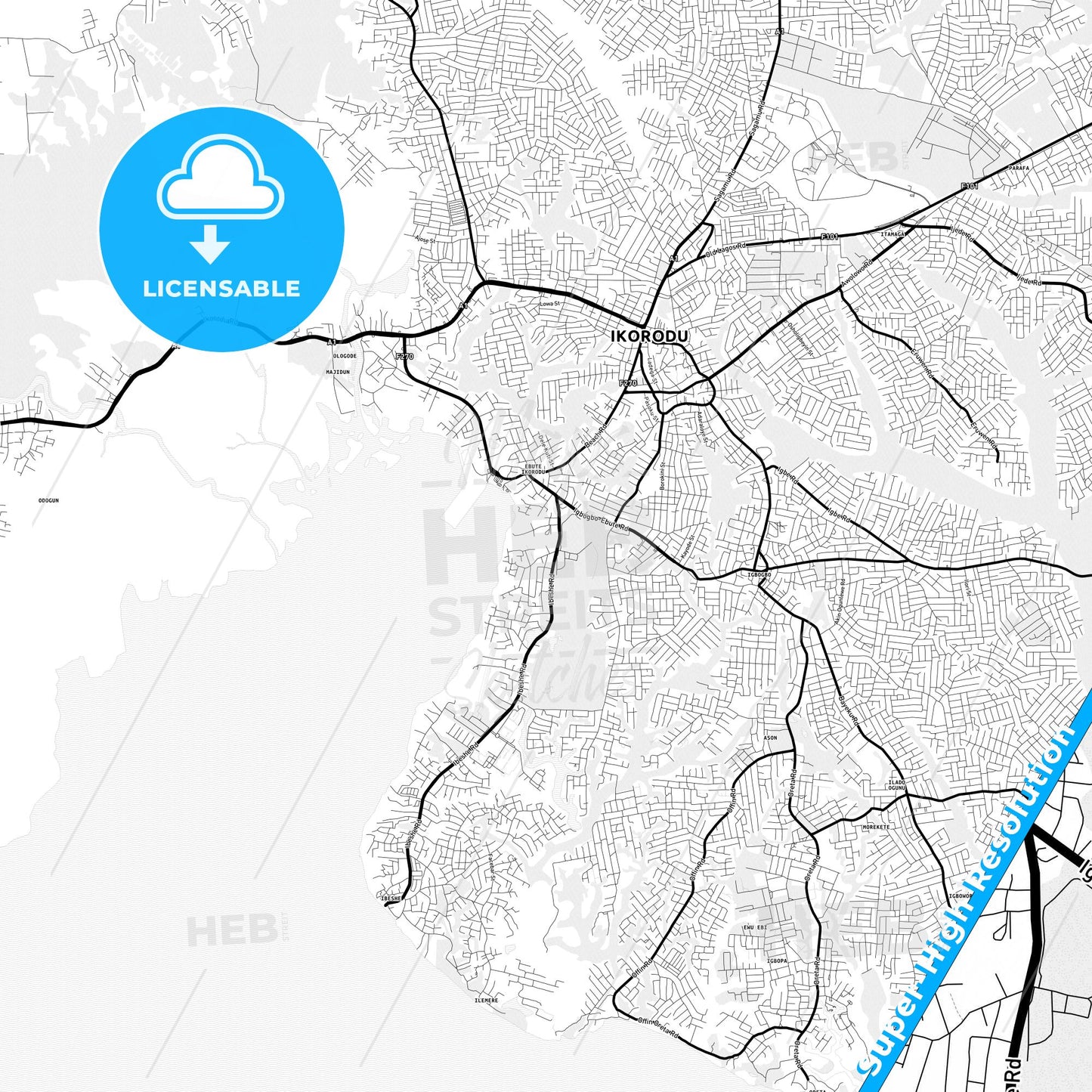 Ebute Ikorodu, Nigeria Light Map with Street Names, City Names, and Districts