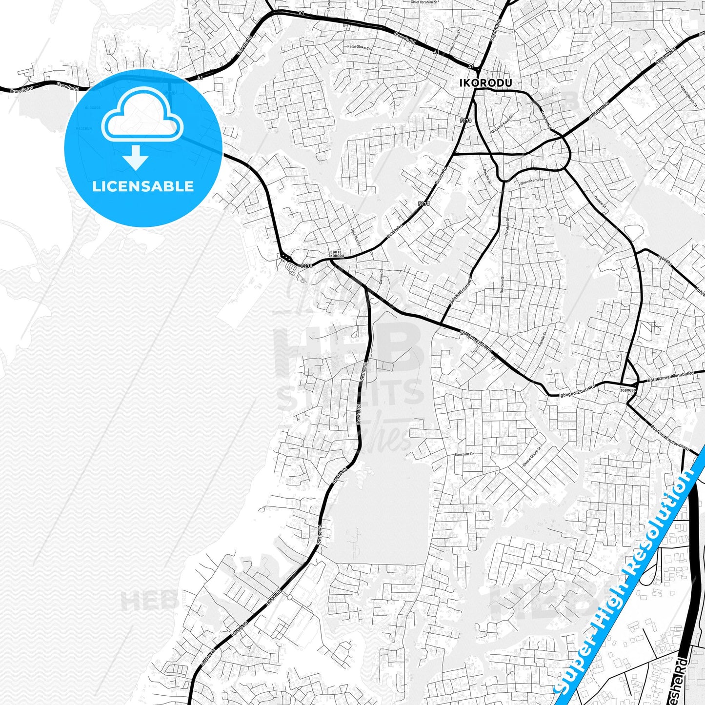 Ebute Ikorodu, Nigeria Light Map with Street Names, City Names, and Districts