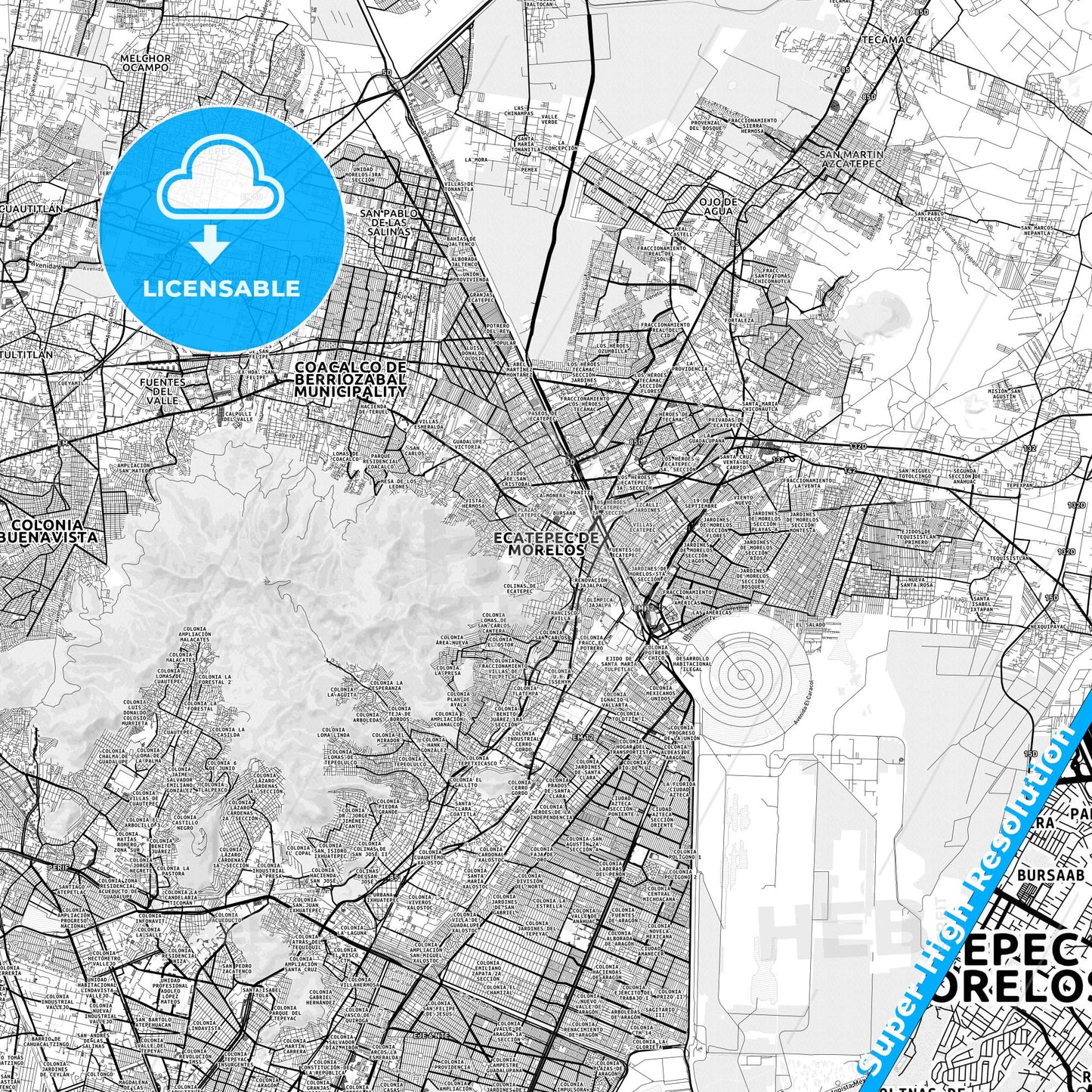 Ecatepec, Mexico light map with streetnames, citynames and districts