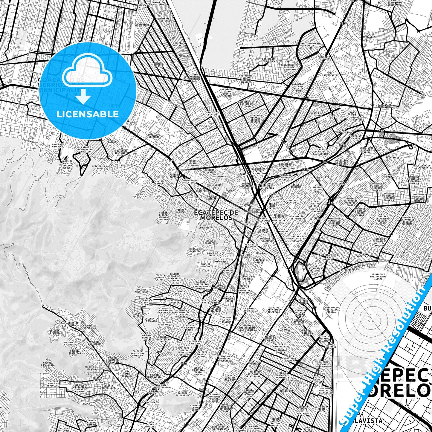Ecatepec, Mexico Light Map with Street Names, City Names, and Districts