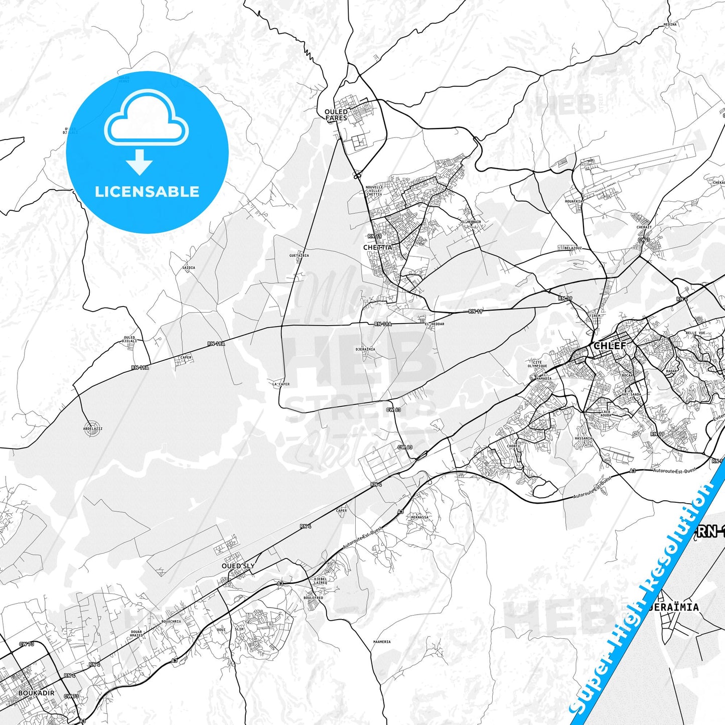 Ech Chettia, Algeria light map with streetnames, citynames and districts