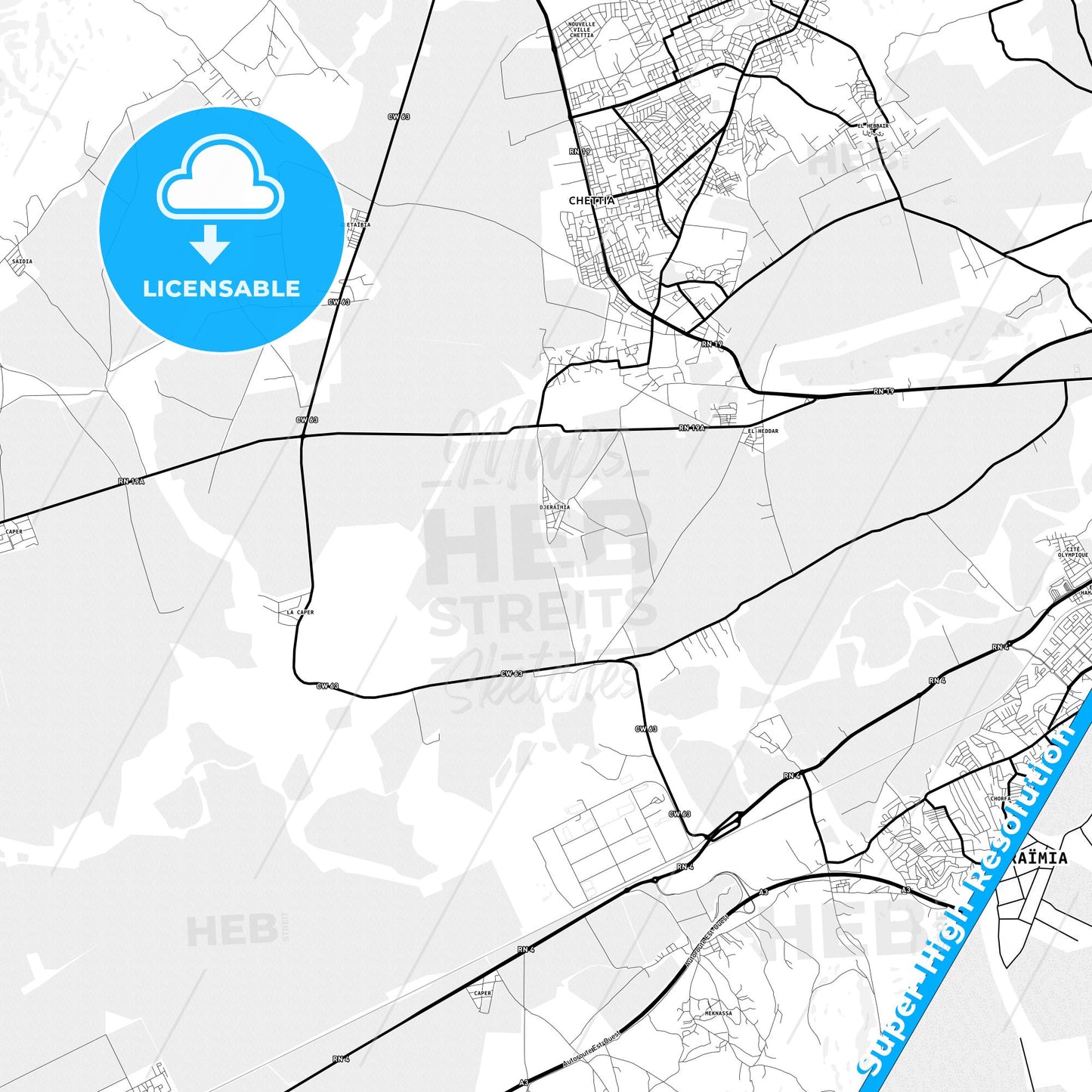 Ech Chettia, Algeria Light Map with Street Names, City Names, and Districts