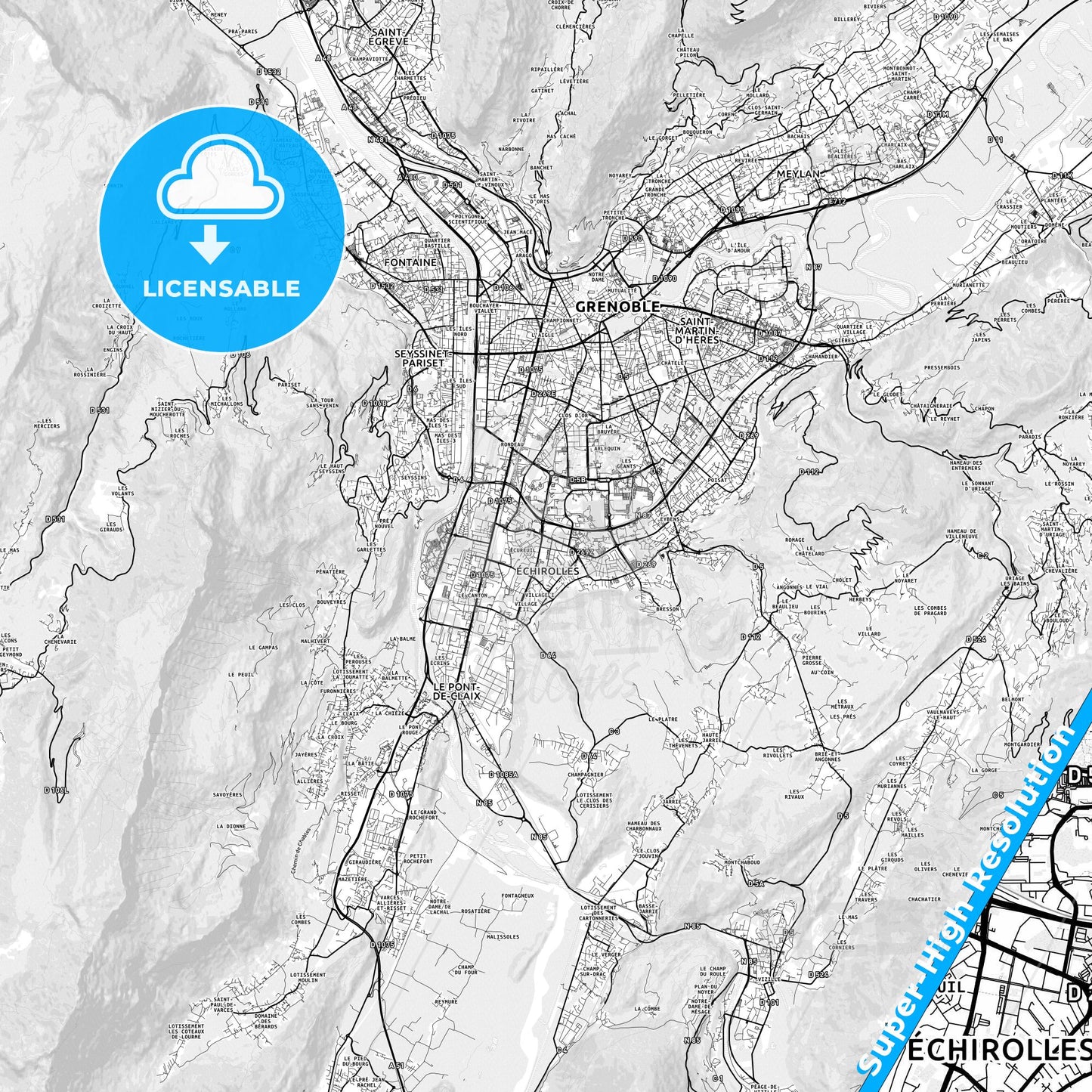 Échirolles, France light map with streetnames, citynames and districts