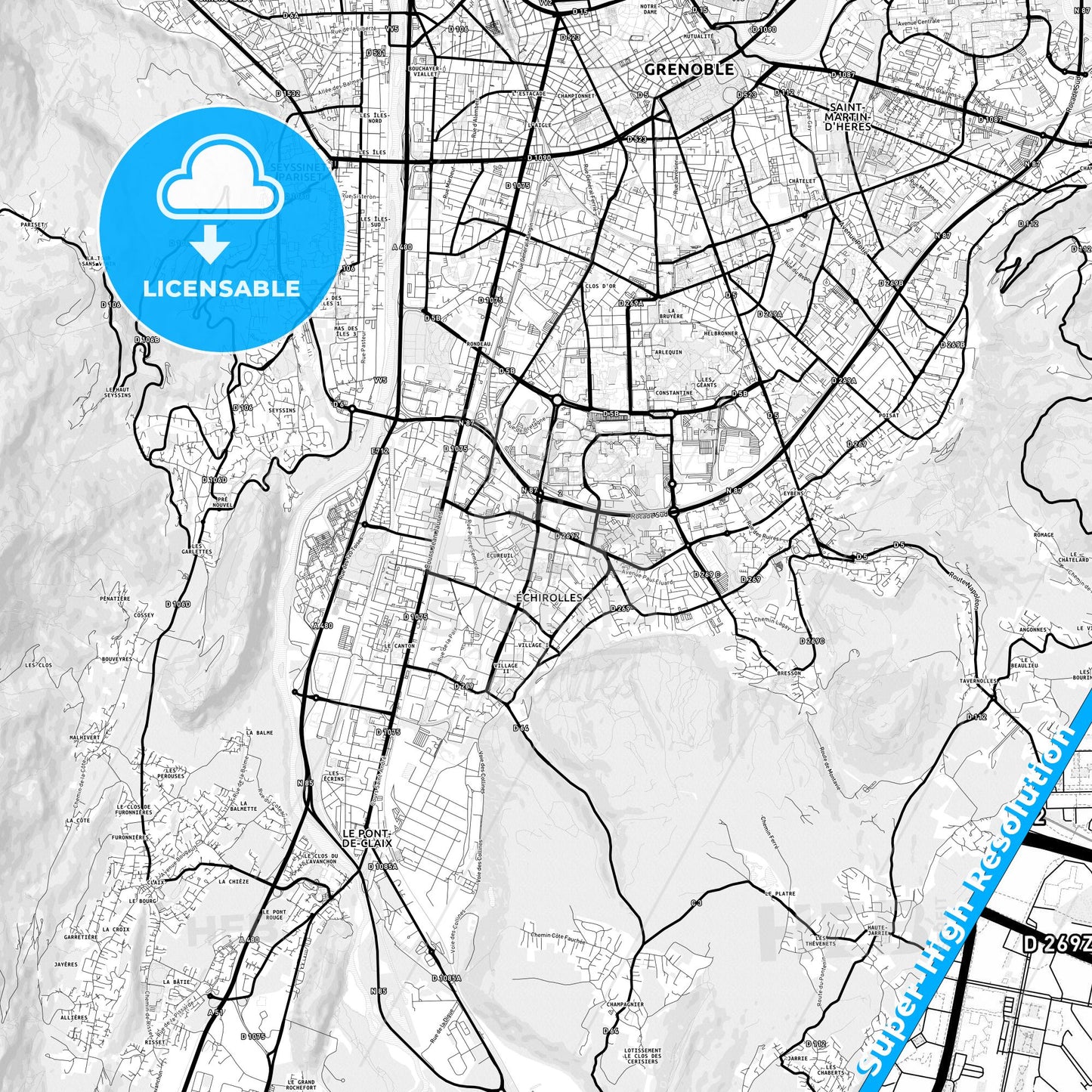 Échirolles, France Light Map with Street Names, City Names, and Districts