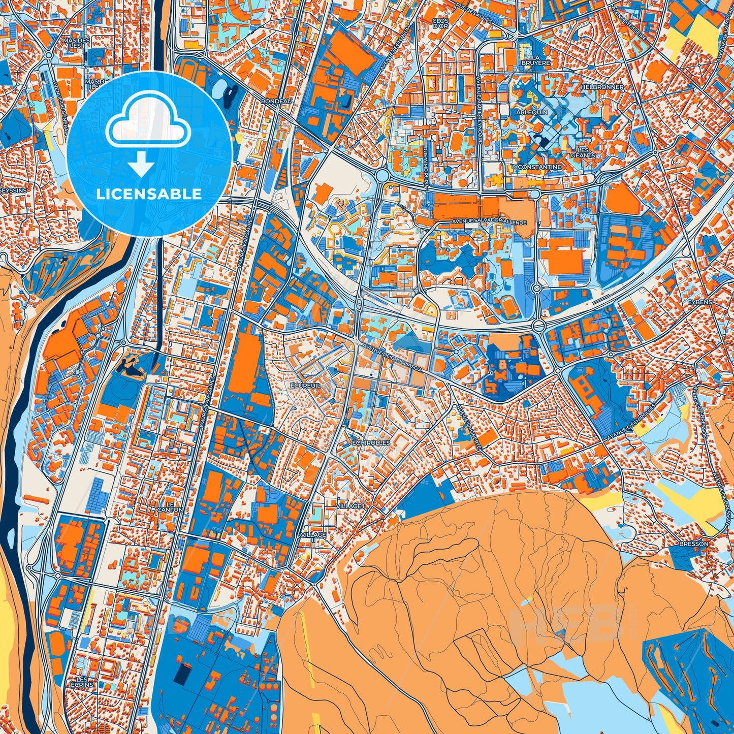 Colorful Échirolles Street Map with Labels and Buildings