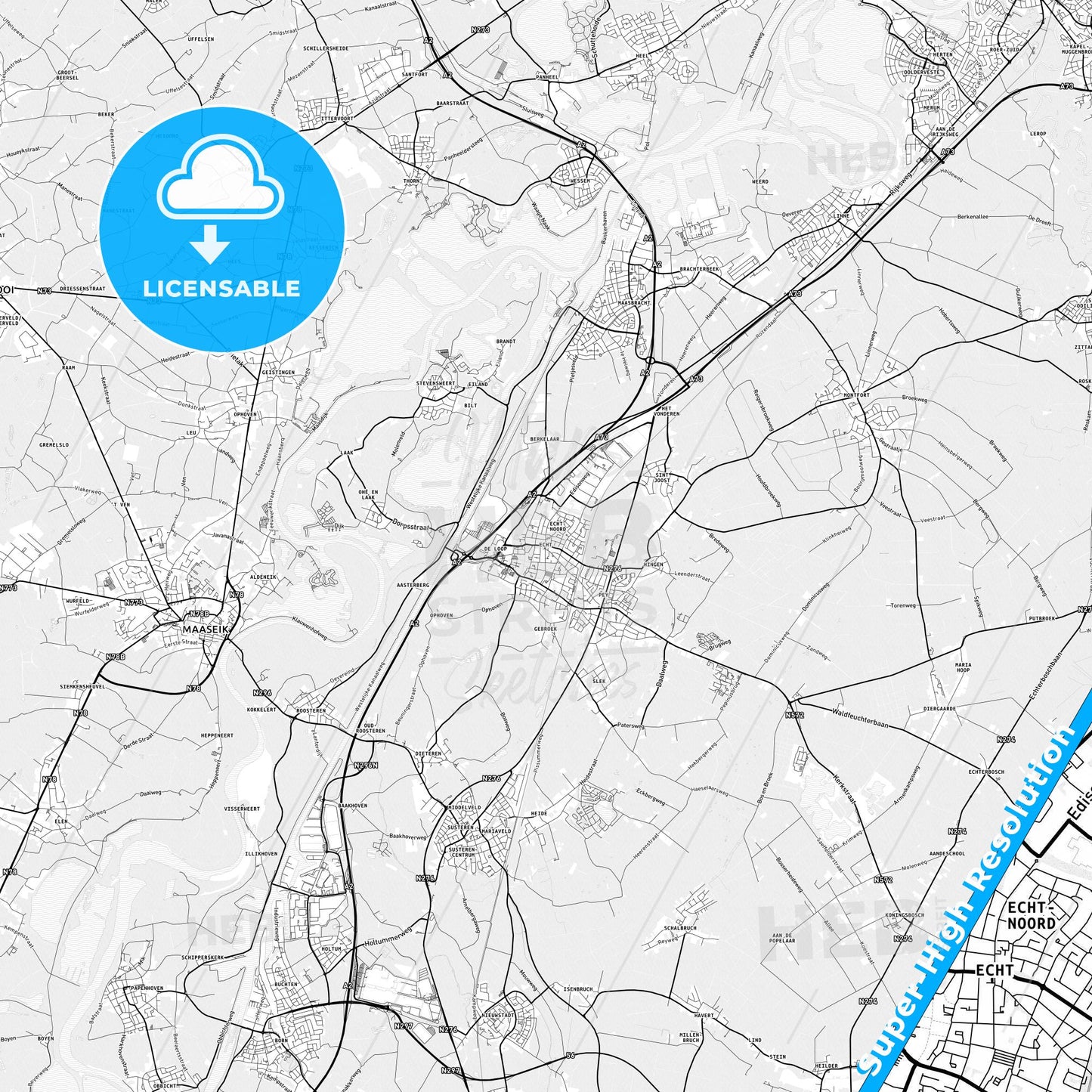 Echt-Susteren, Netherlands light map with streetnames, citynames and districts