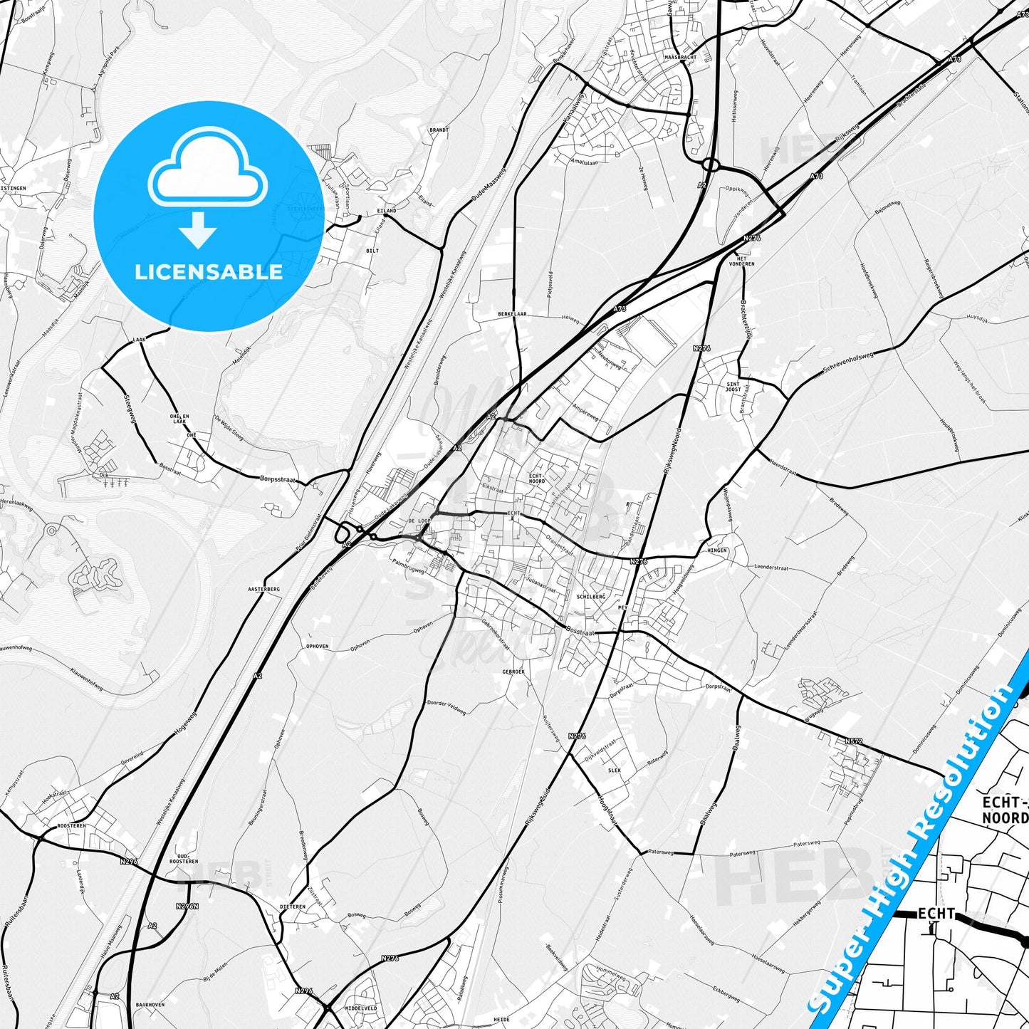 Echt-Susteren, Netherlands Light Map with Street Names, City Names, and Districts