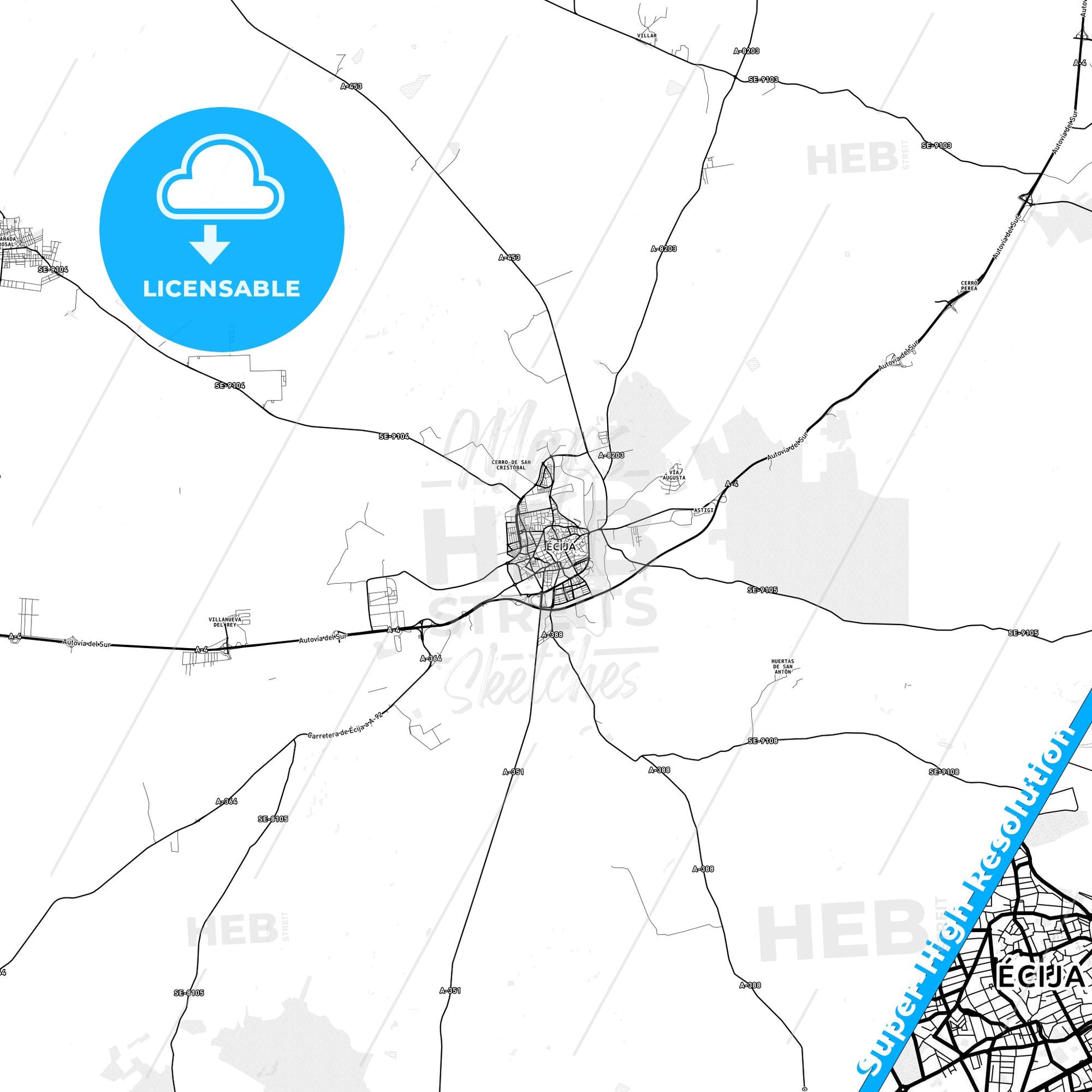 Écija, Spain light map with streetnames, citynames and districts