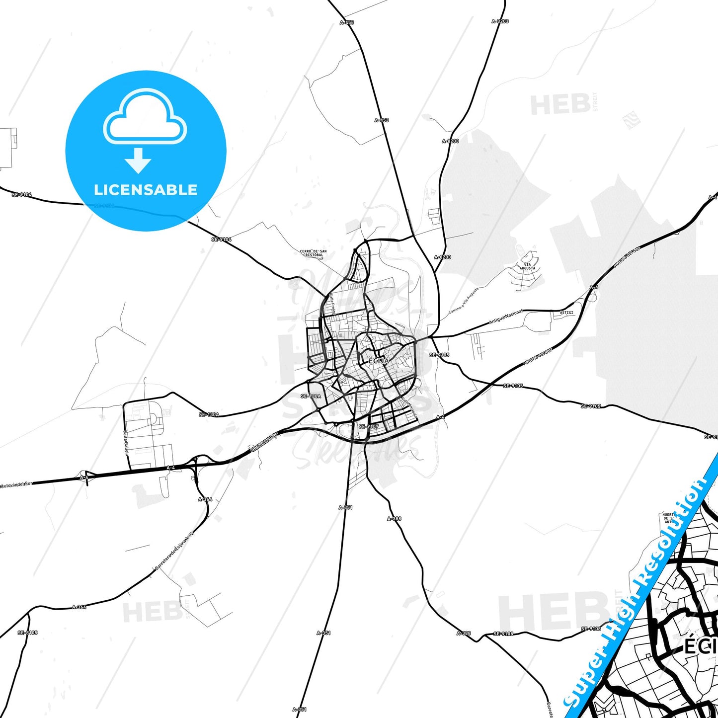 Écija, Spain Light Map with Street Names, City Names, and Districts