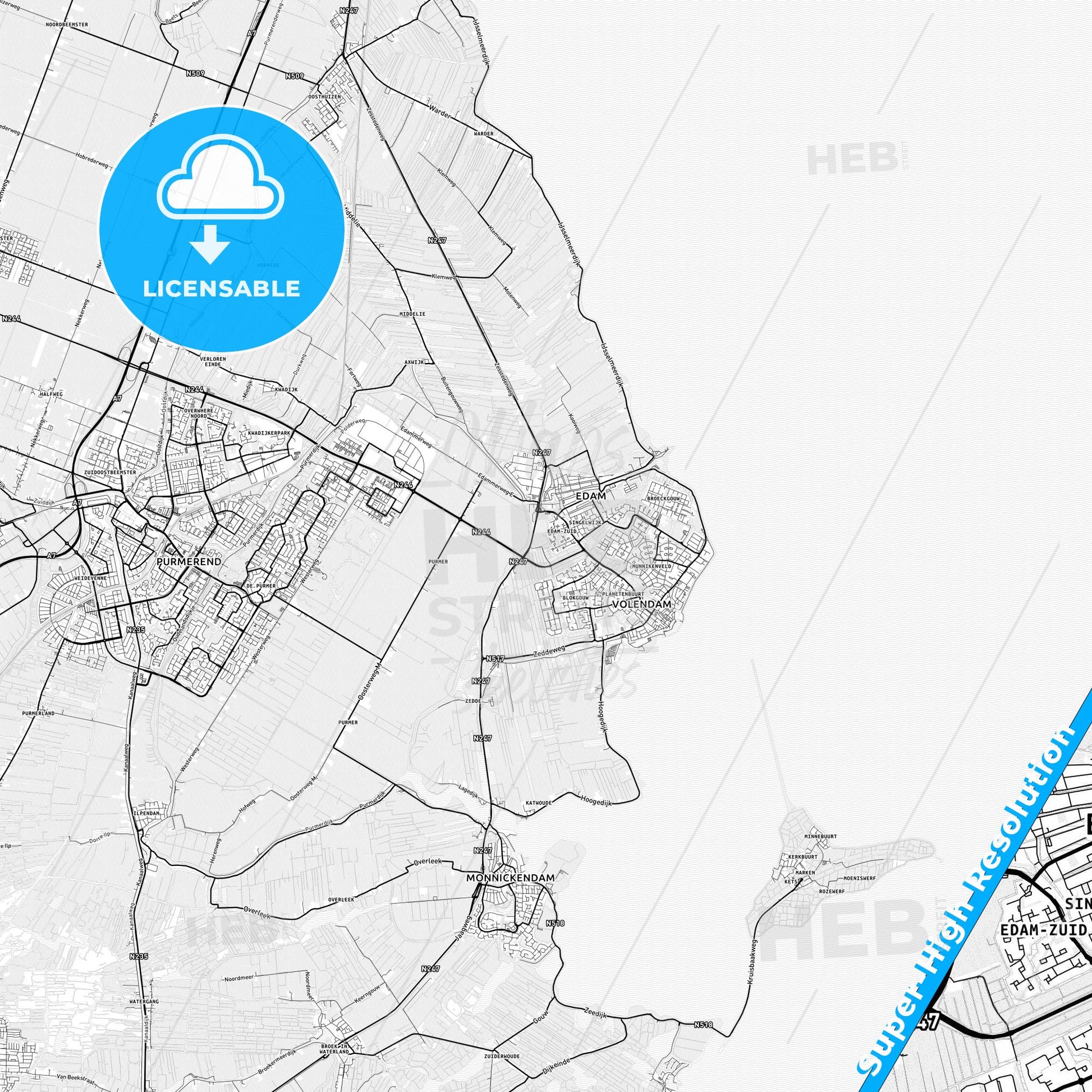 Edam-Volendam, Netherlands light map with streetnames, citynames and districts