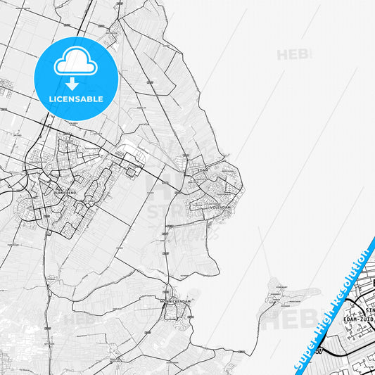 Edam-Volendam, Netherlands light map with streetnames, citynames and districts