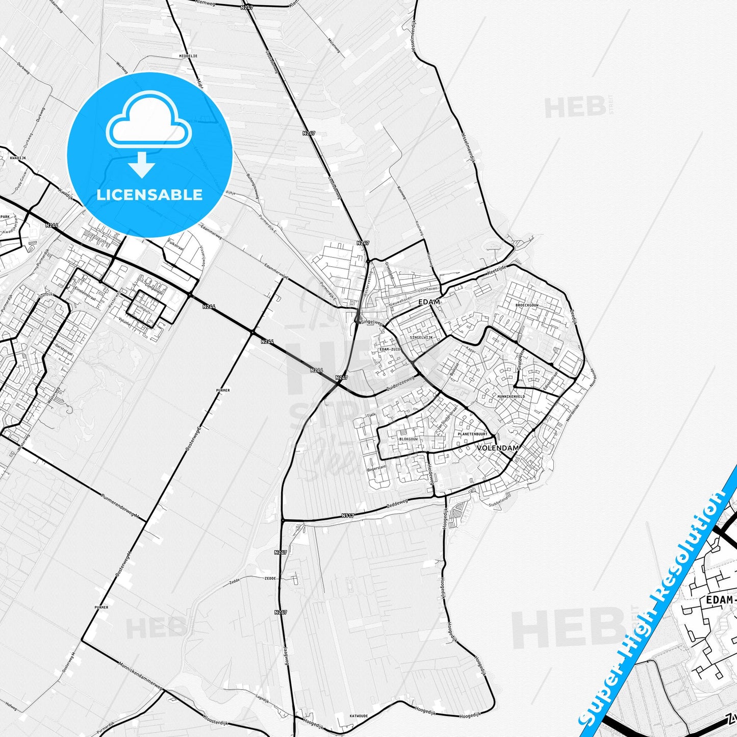 Edam-Volendam, Netherlands Light Map with Street Names, City Names, and Districts