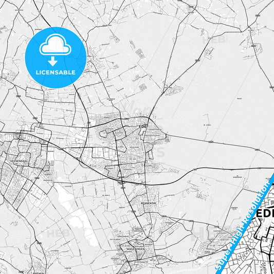 Ede, Netherlands light map with streetnames, citynames and districts