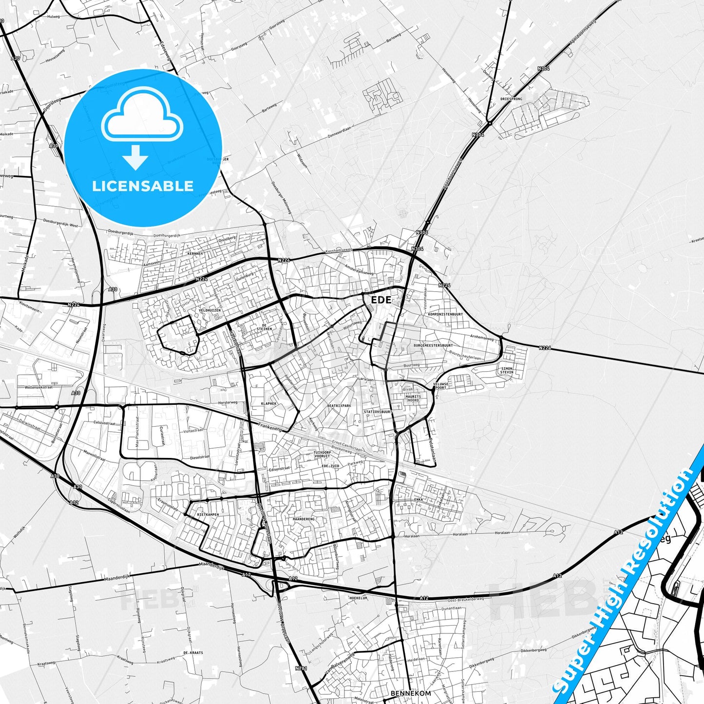 Ede, Netherlands Light Map with Street Names, City Names, and Districts