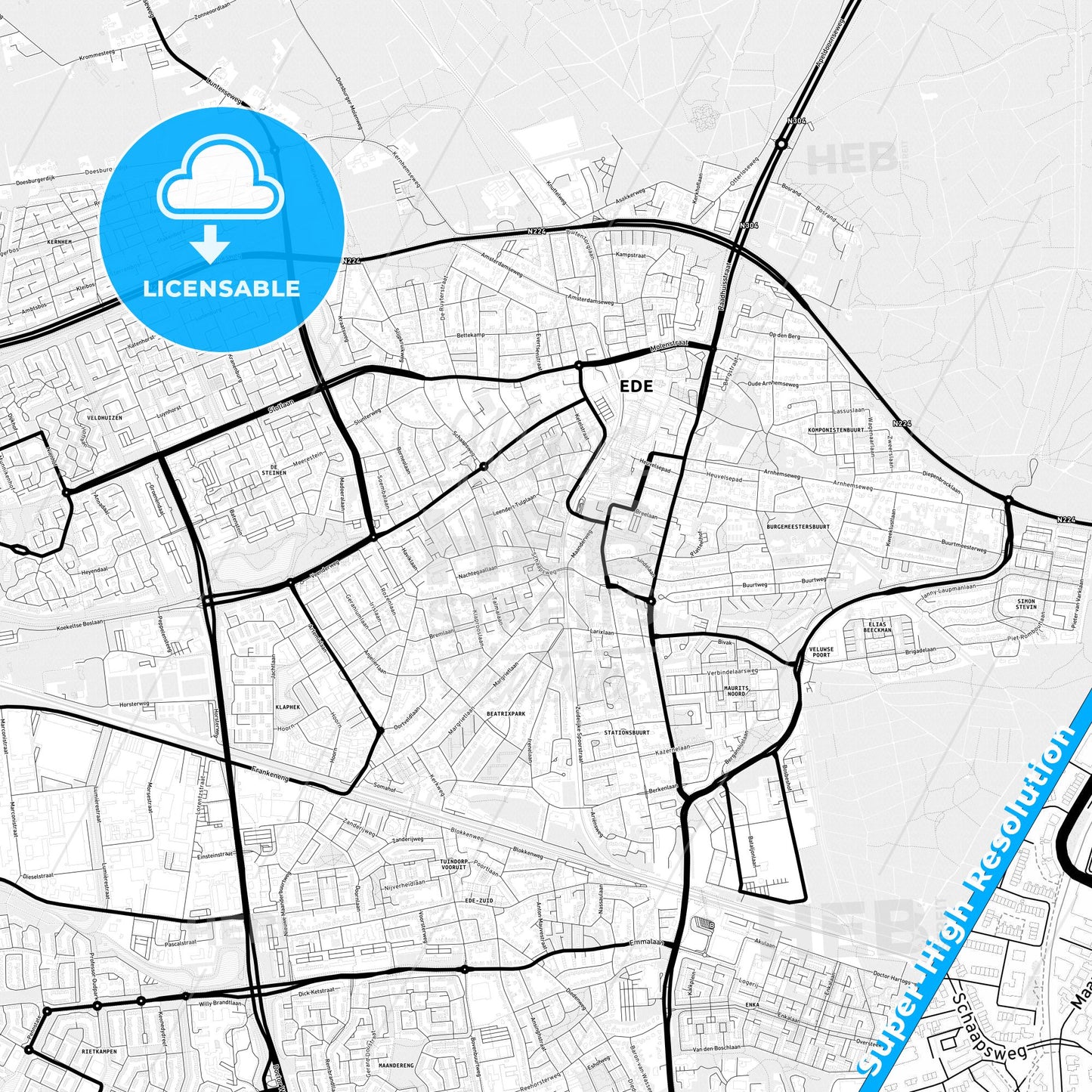 Ede, Netherlands Light Map with Street Names, City Names, and Districts