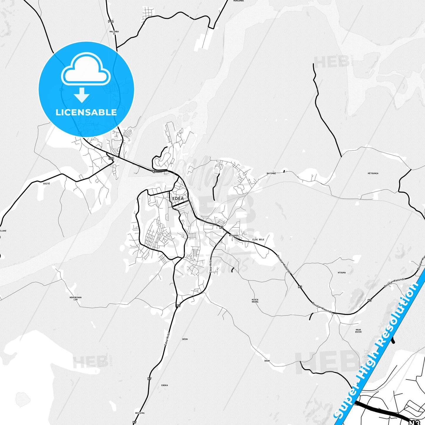 Edea, Cameroon Light Map with Street Names, City Names, and Districts
