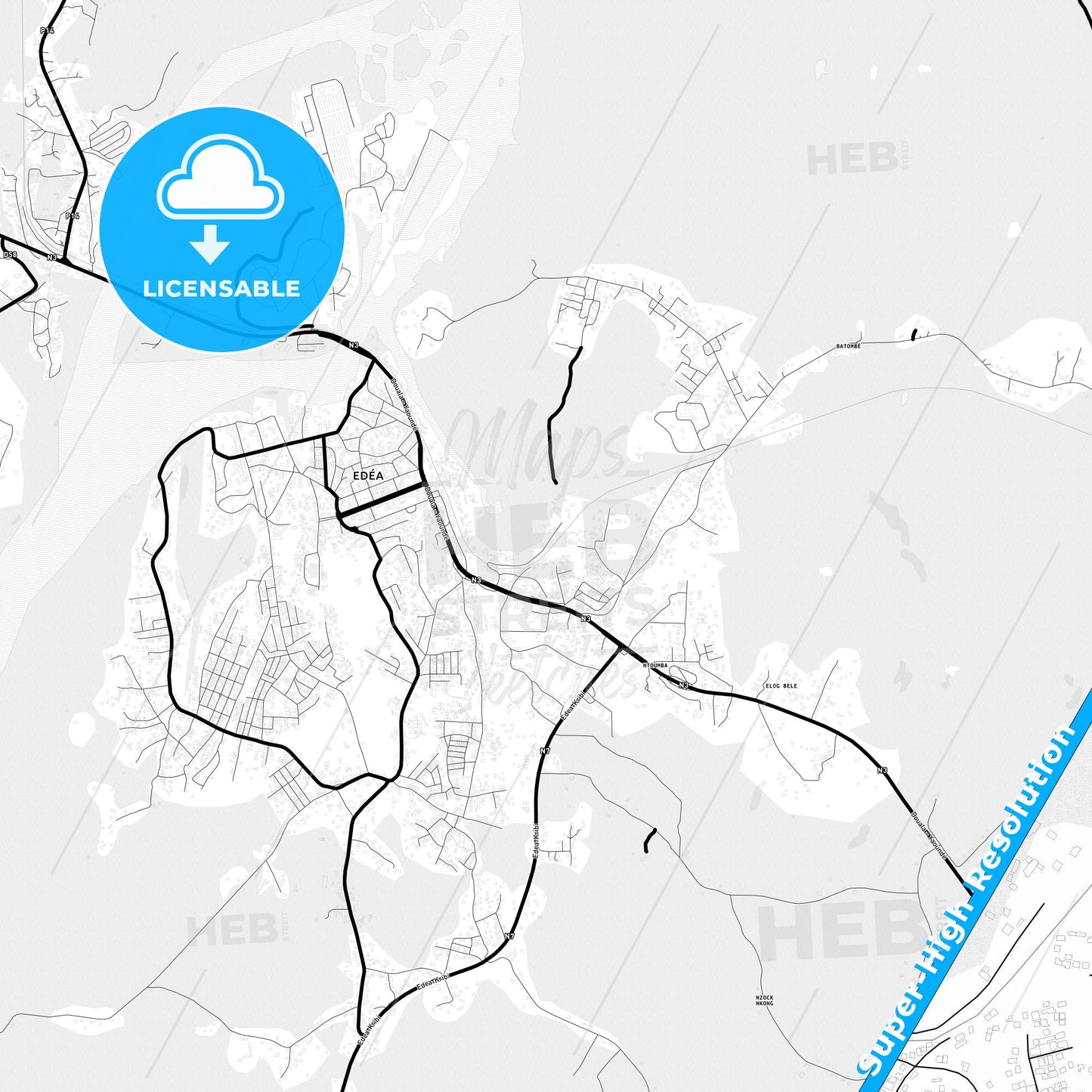 Edea, Cameroon Light Map with Street Names, City Names, and Districts