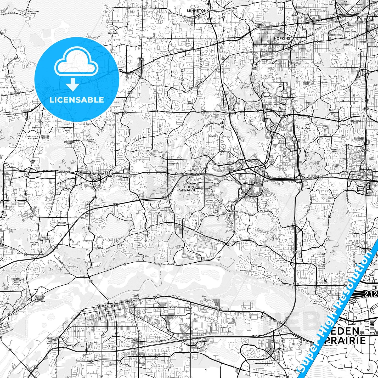 Eden Prairie, Minnesota light map with streetnames, citynames and districts
