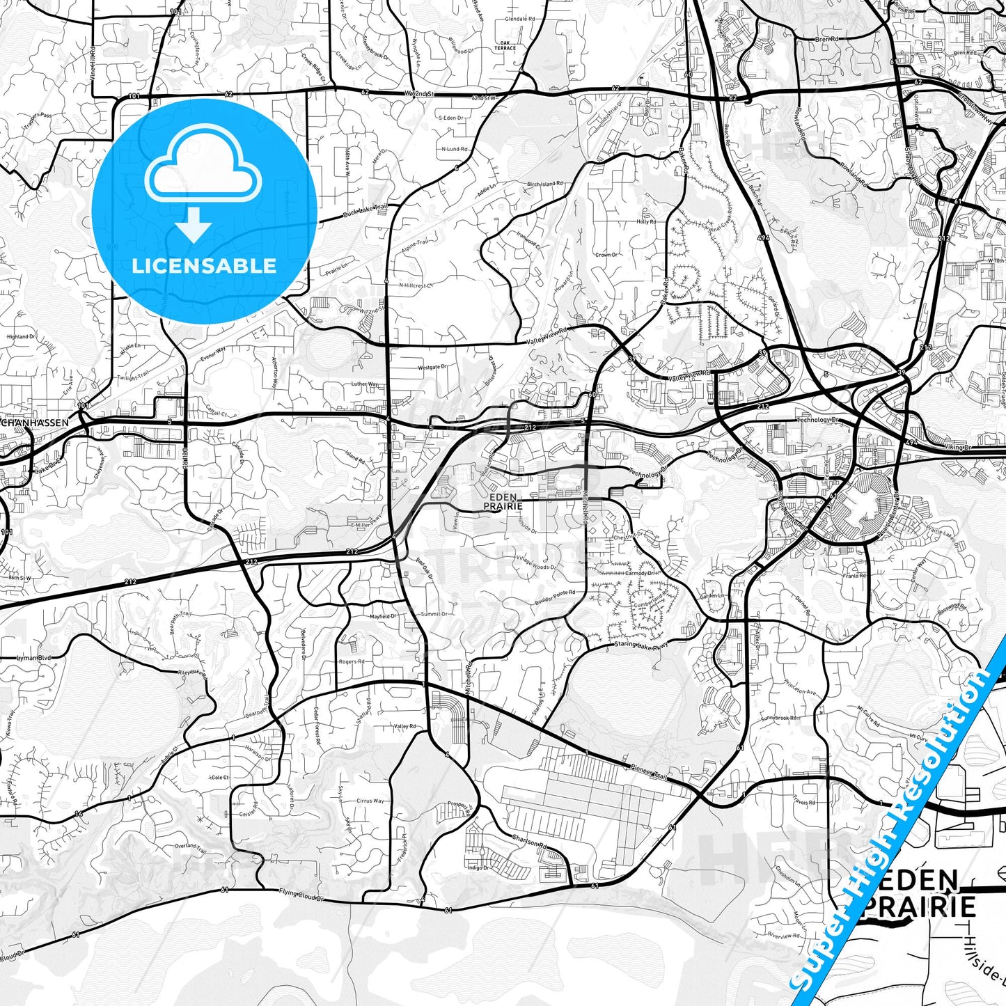 Eden Prairie, Minnesota Light Map with Street Names, City Names, and Districts
