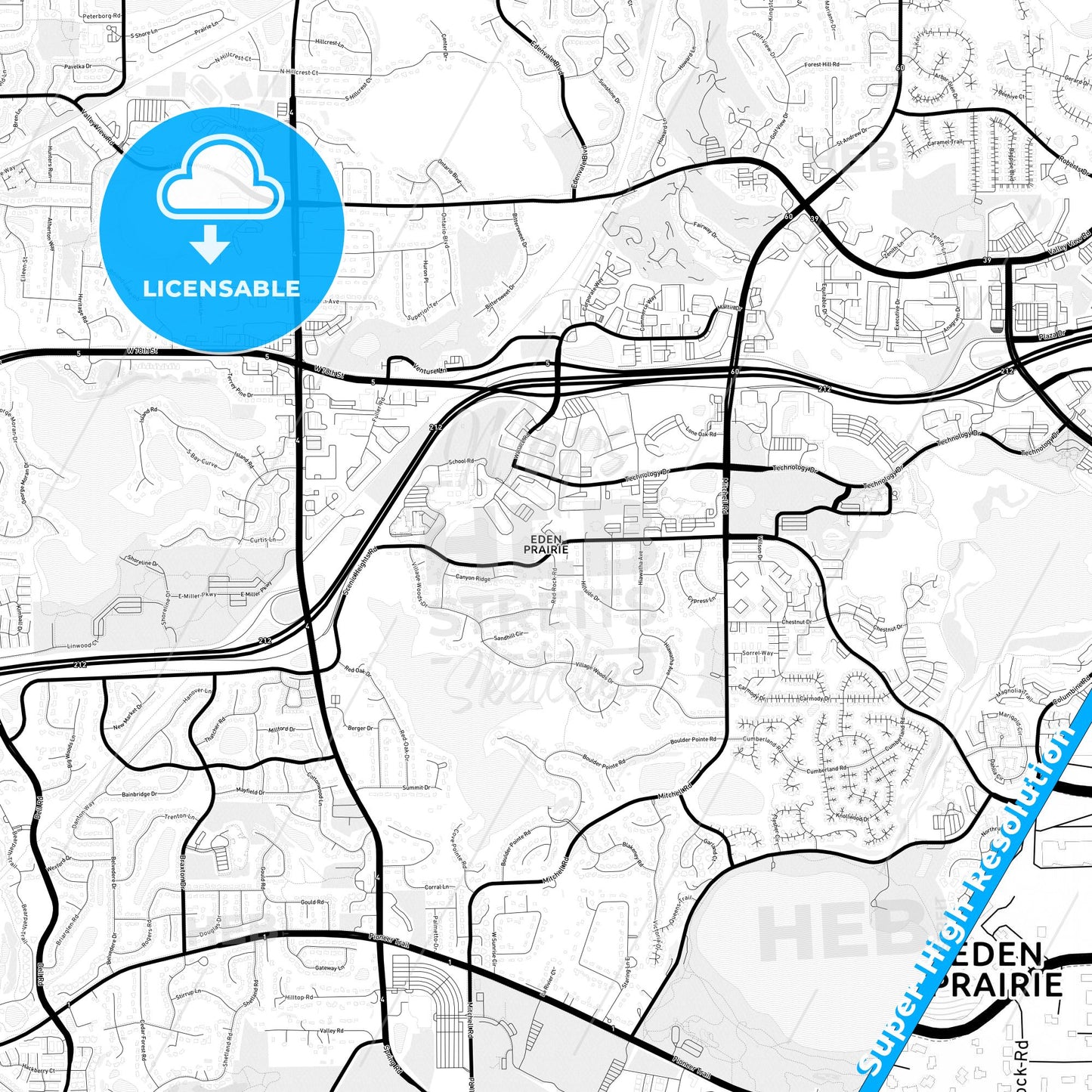 Eden Prairie, Minnesota Light Map with Street Names, City Names, and Districts