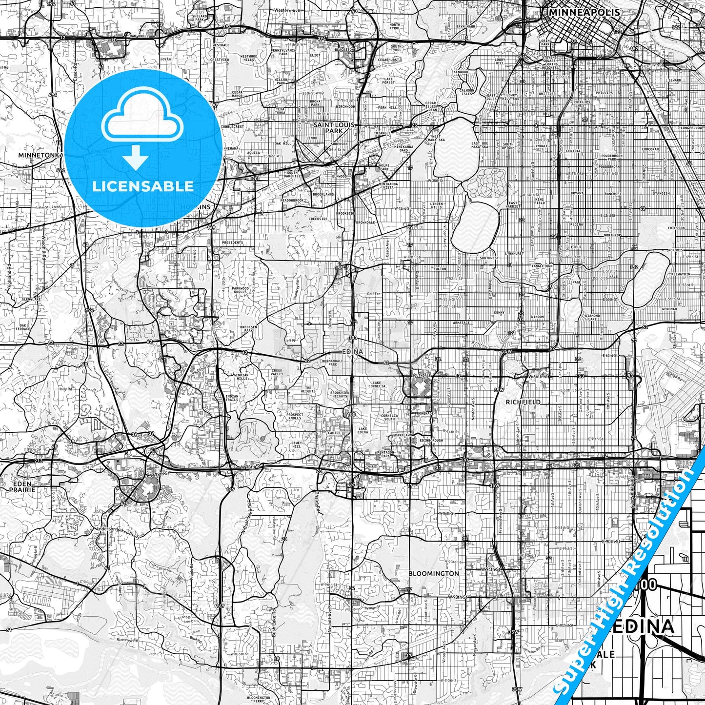 Edina, Minnesota light map with streetnames, citynames and districts