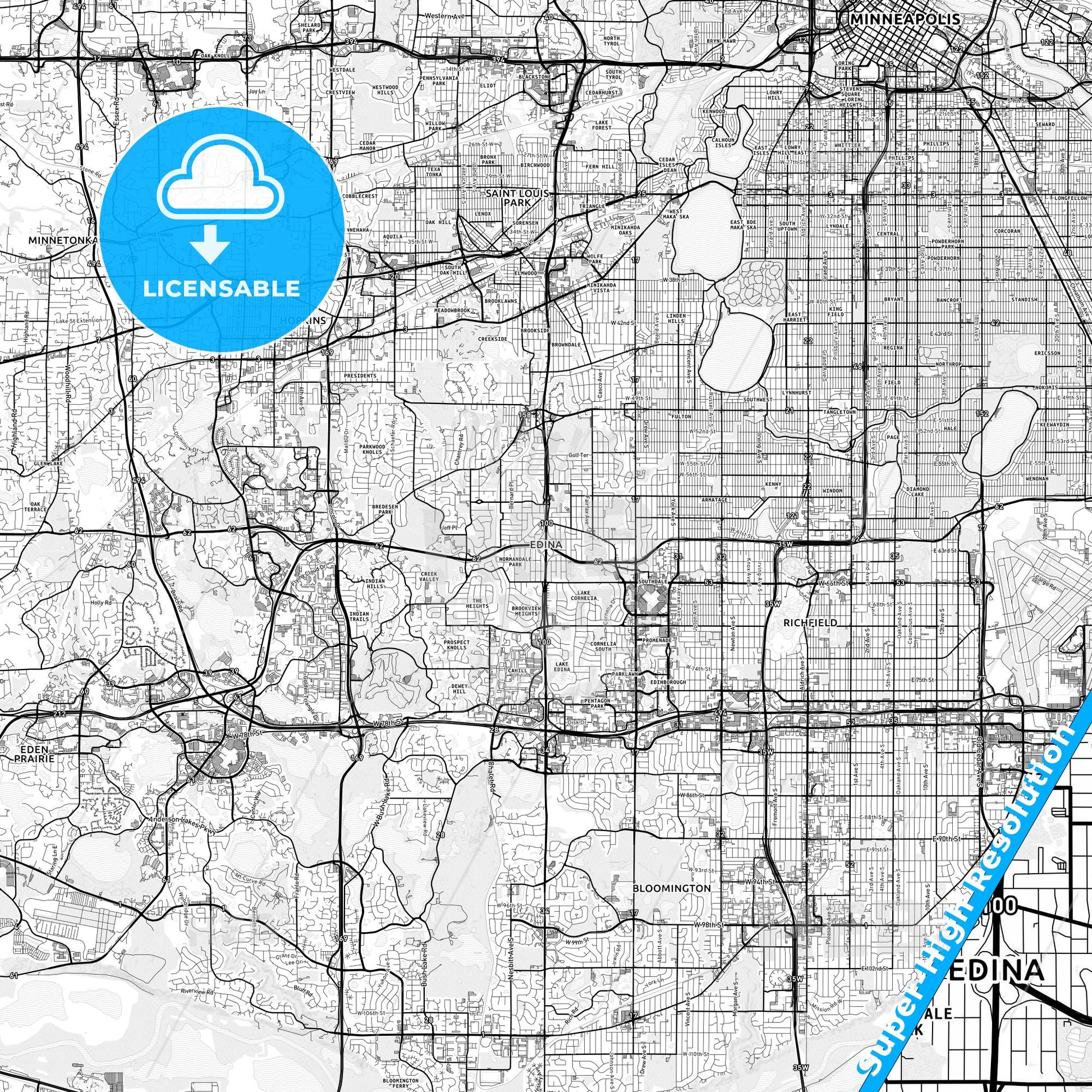 Edina, Minnesota light map with streetnames, citynames and districts