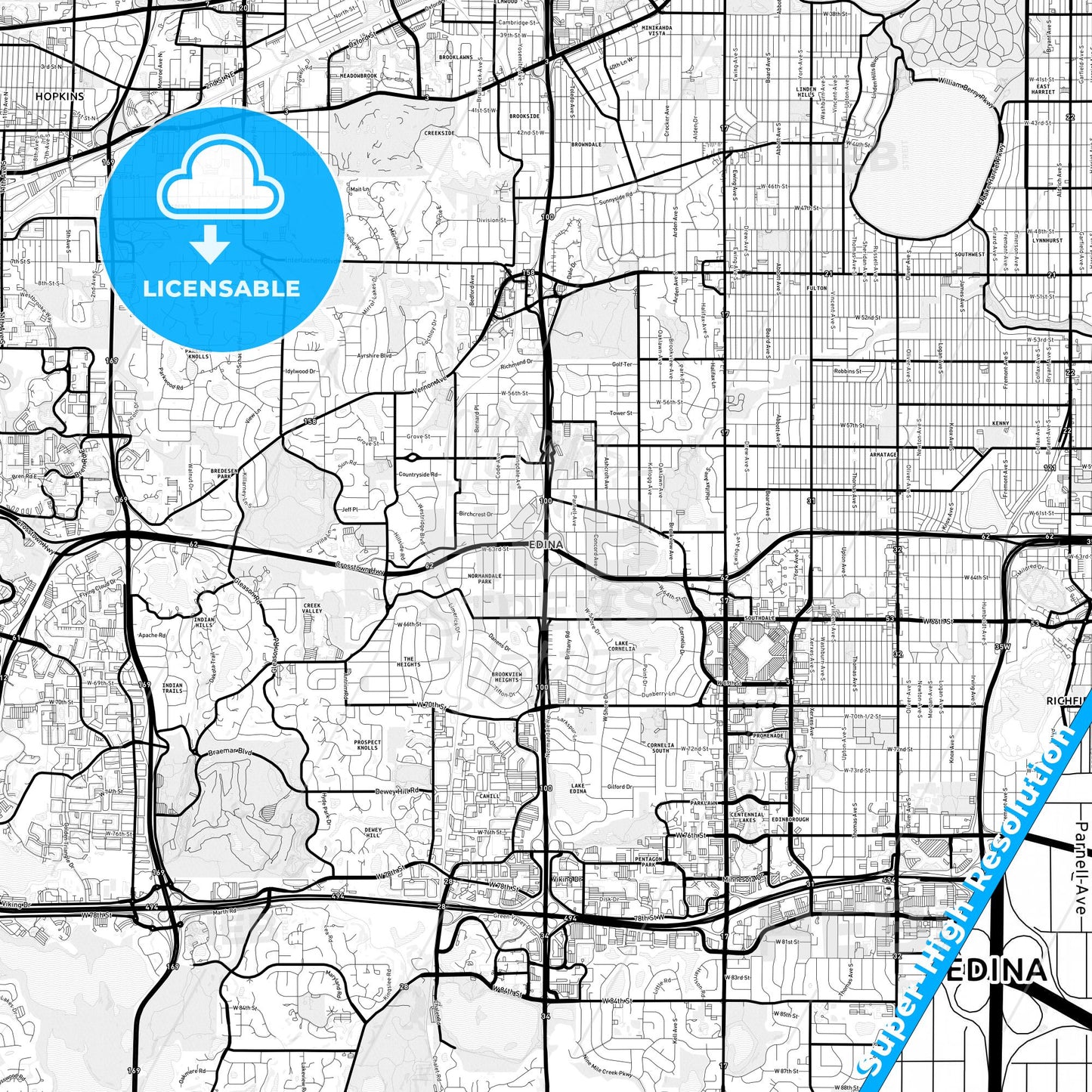 Edina, Minnesota Light Map with Street Names, City Names, and Districts