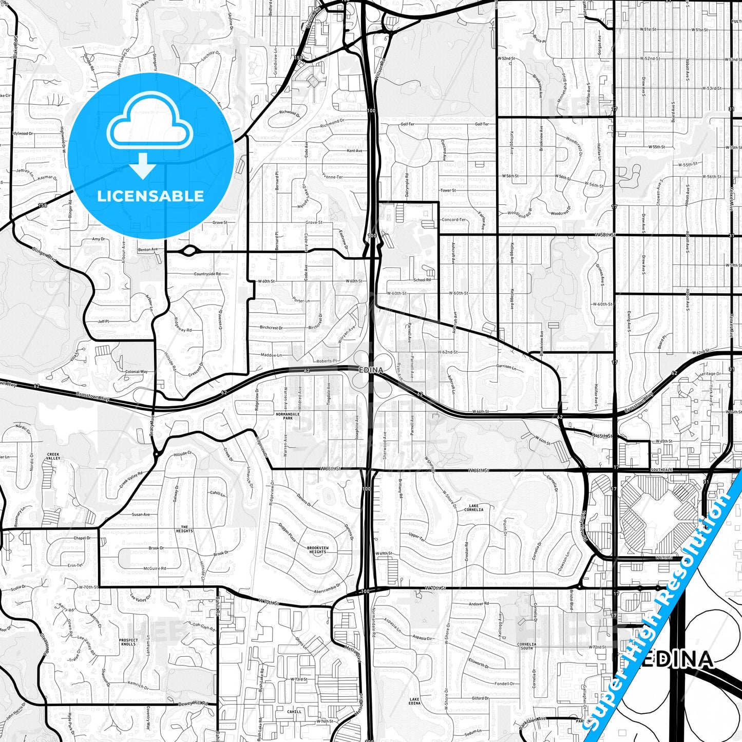 Edina, Minnesota Light Map with Street Names, City Names, and Districts