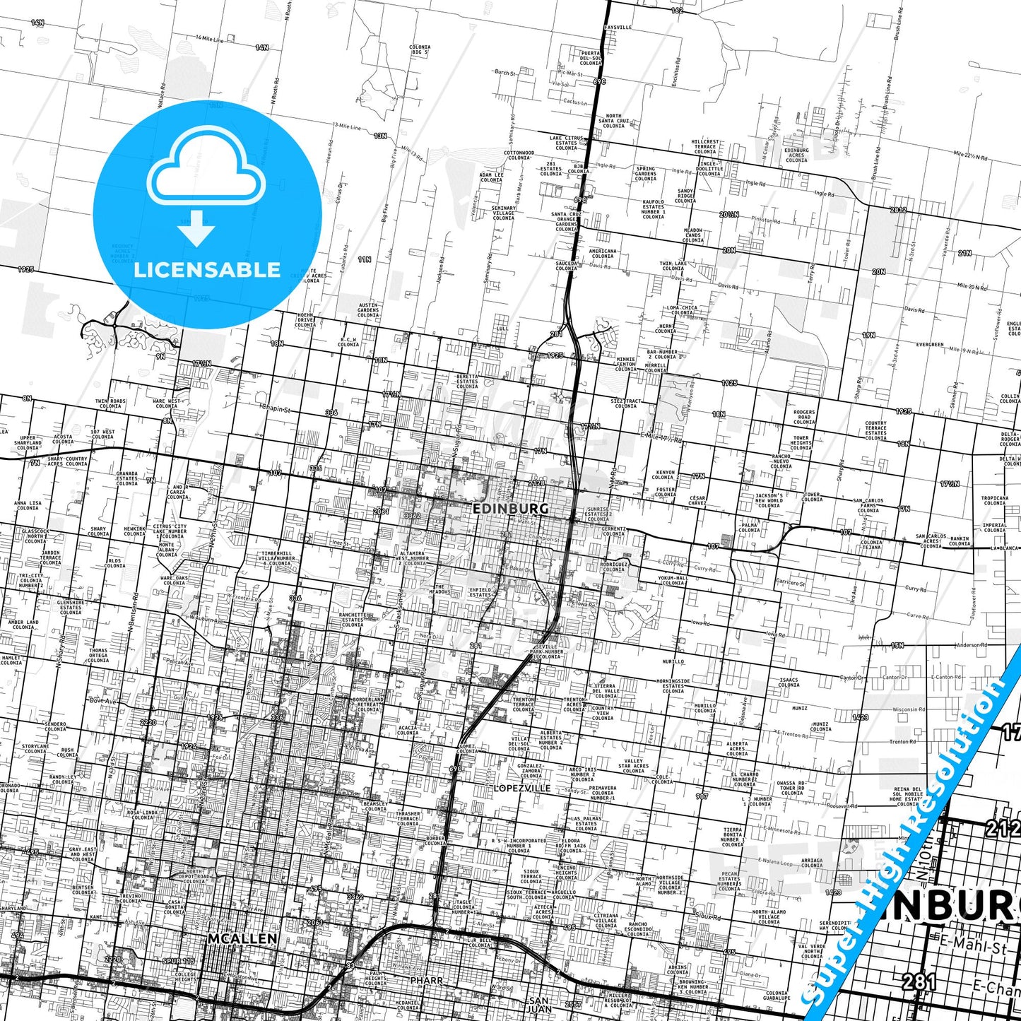 Edinburg, Texas light map with streetnames, citynames and districts