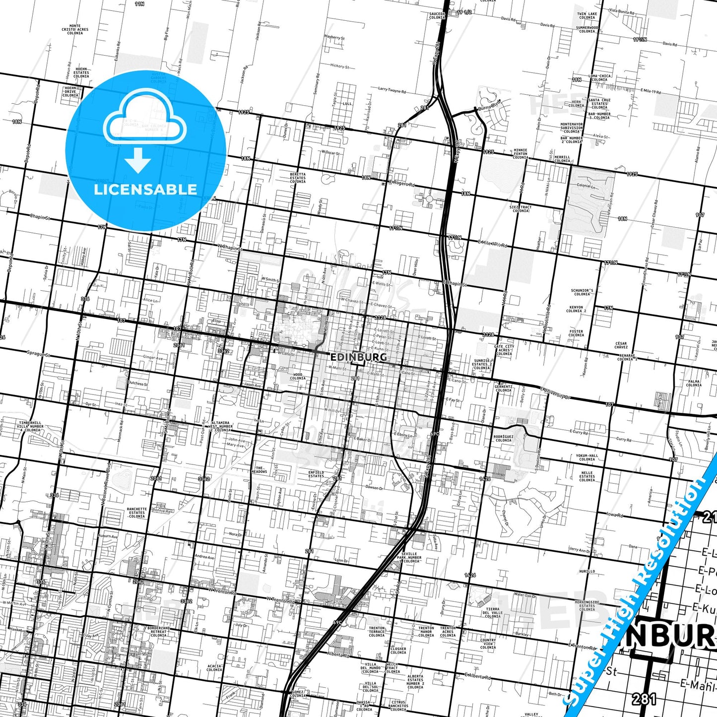 Edinburg, Texas Light Map with Street Names, City Names, and Districts