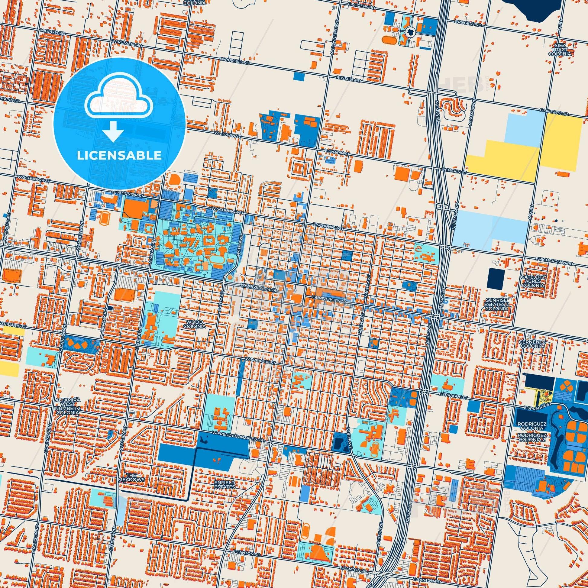 Colorful Edinburg Street Map with Labels and Buildings