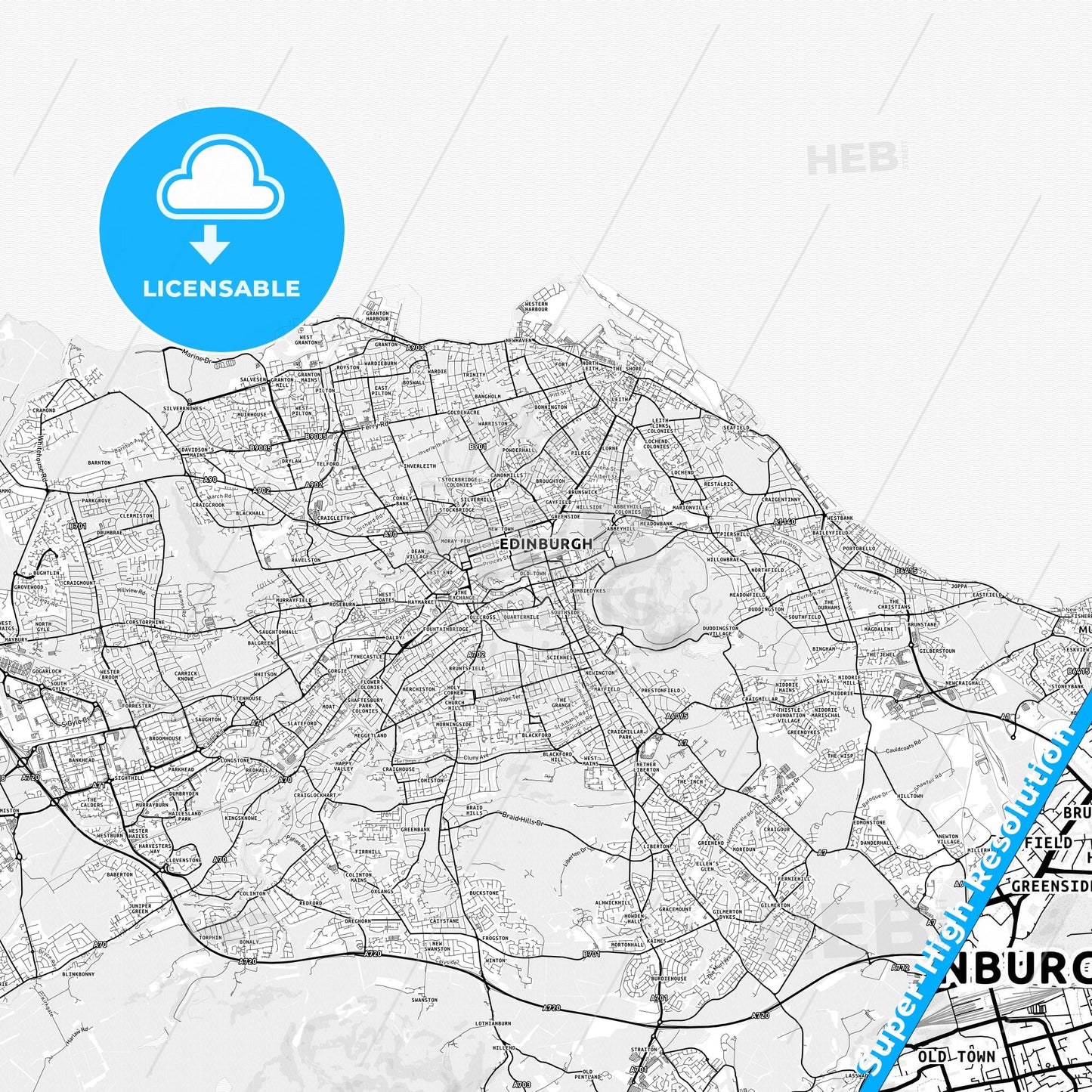 Edinburgh, Scotland light map with streetnames, citynames and districts