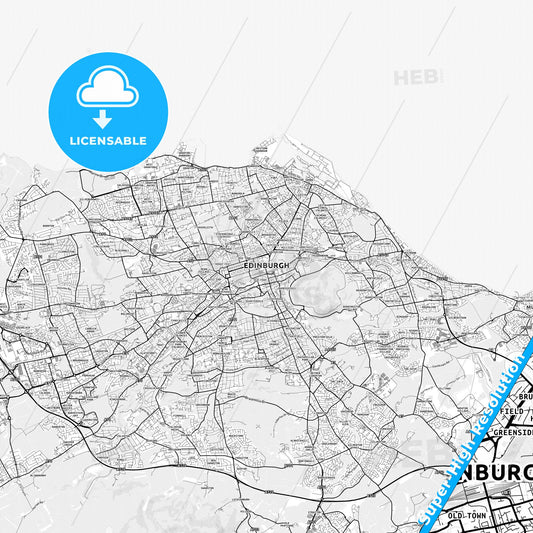Edinburgh, Scotland light map with streetnames, citynames and districts