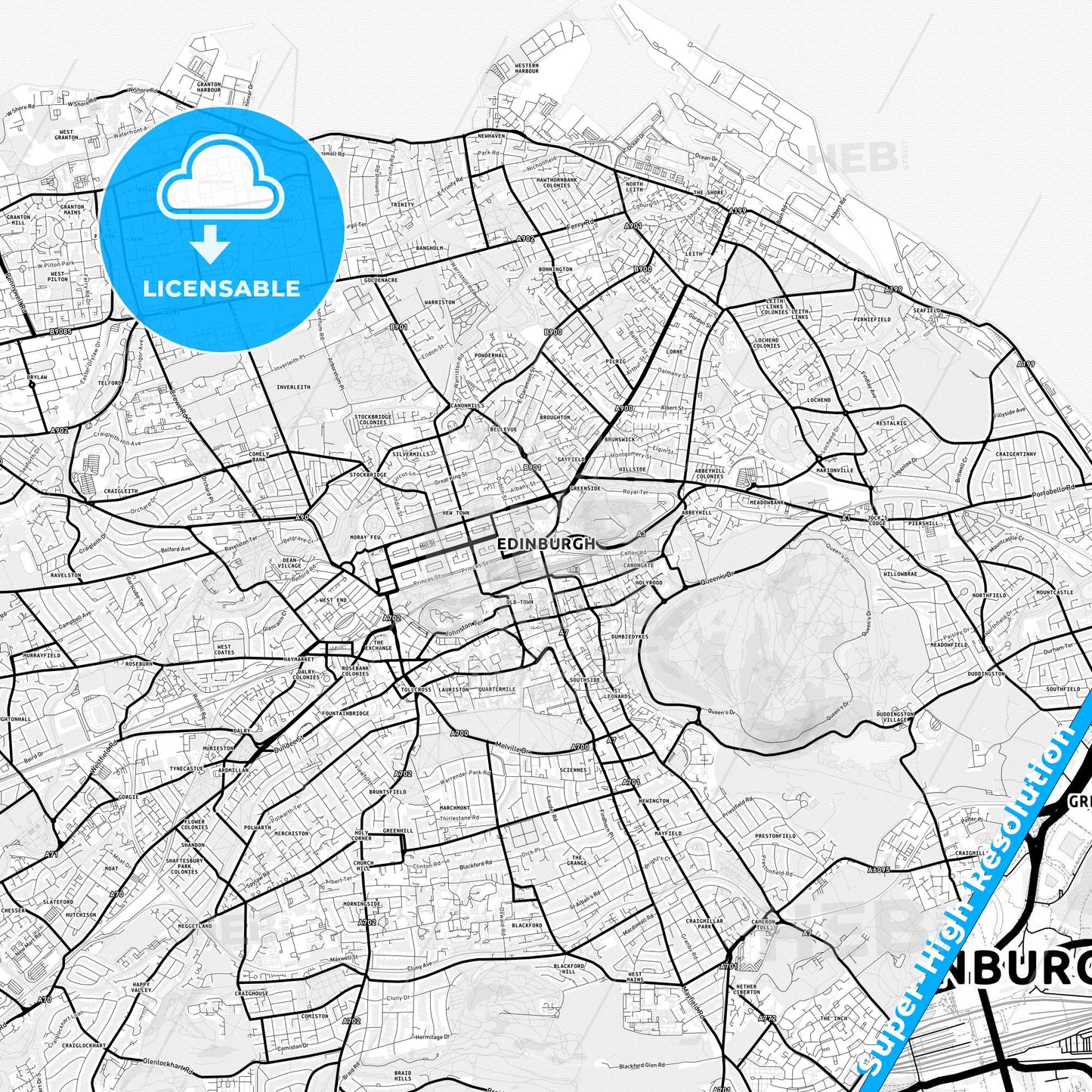 Edinburgh, Scotland Light Map with Street Names, City Names, and Districts