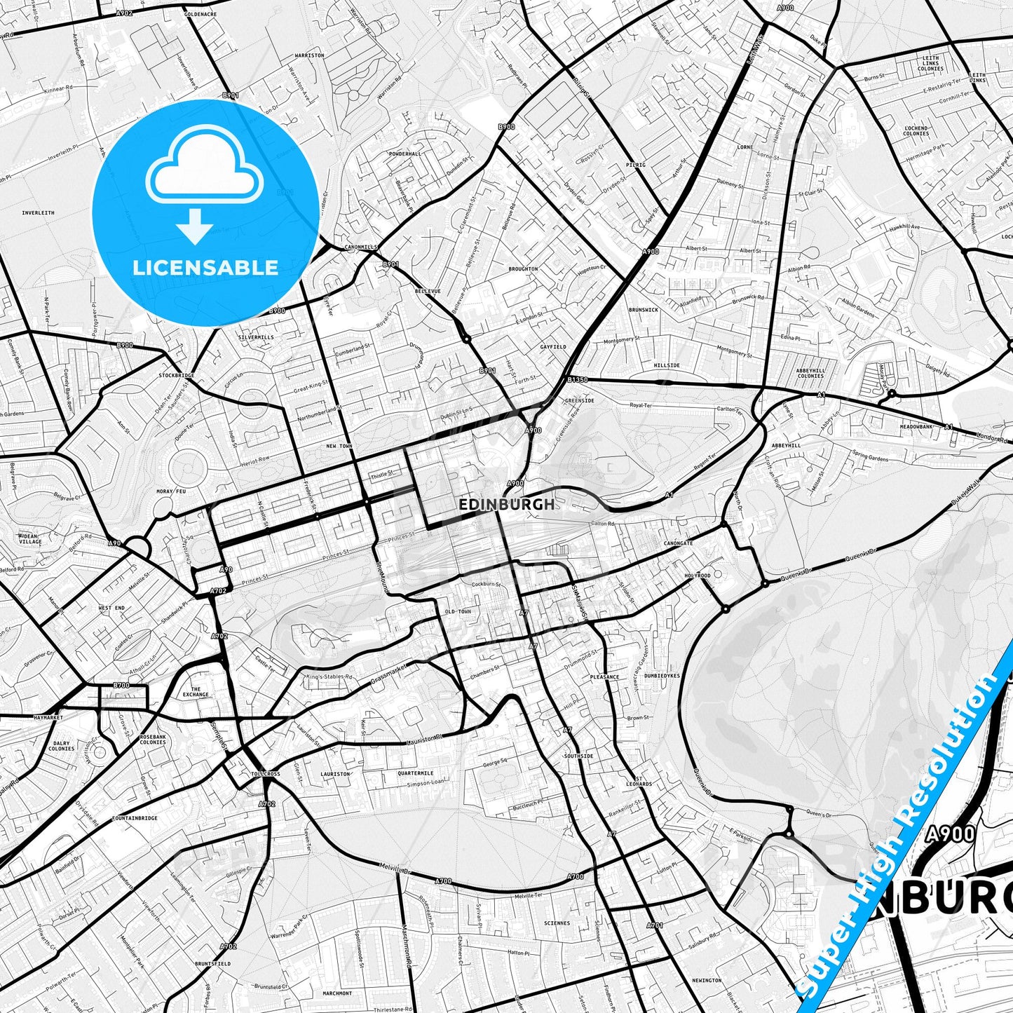 Edinburgh, Scotland Light Map with Street Names, City Names, and Districts