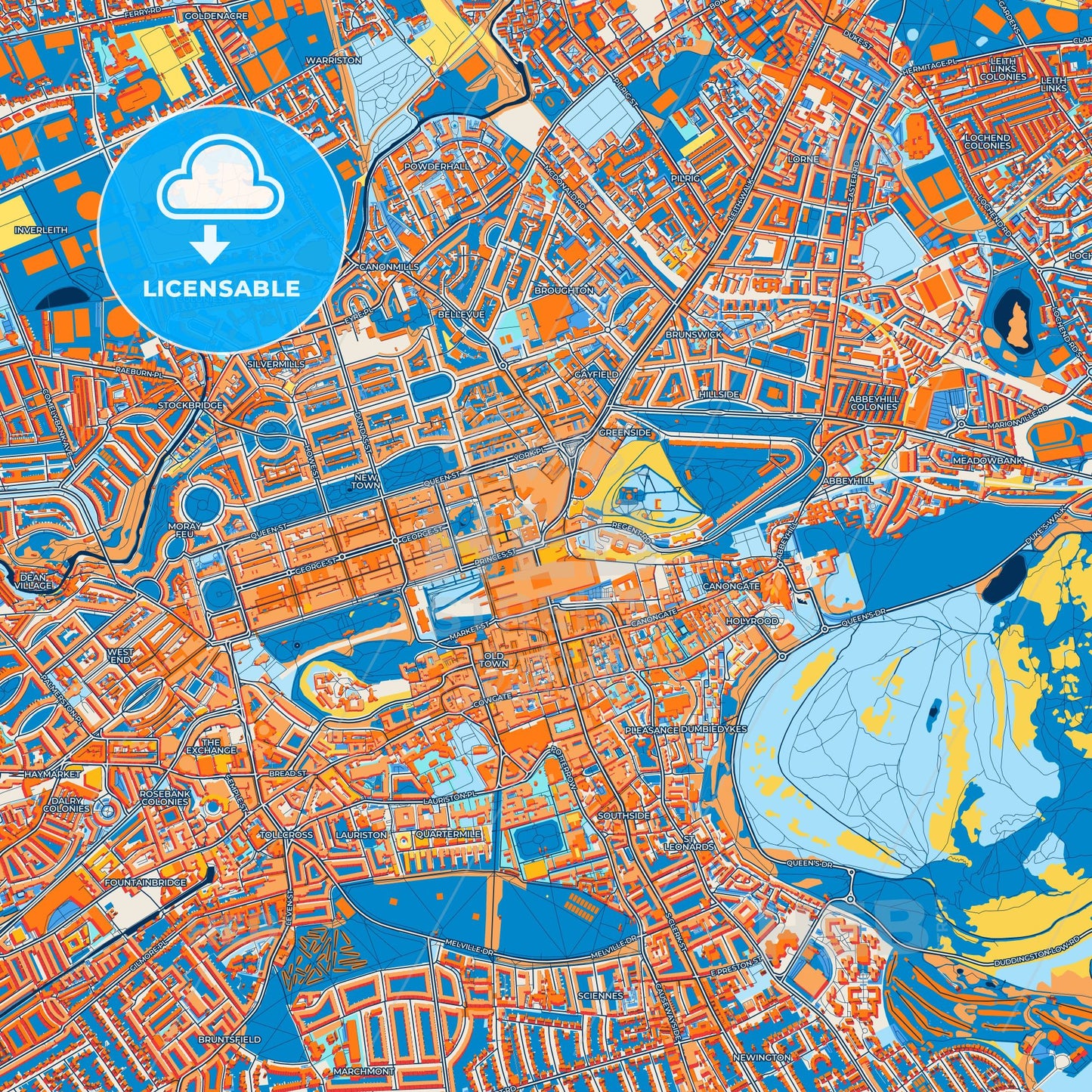 Colorful Edinburgh Street Map with Labels and Buildings